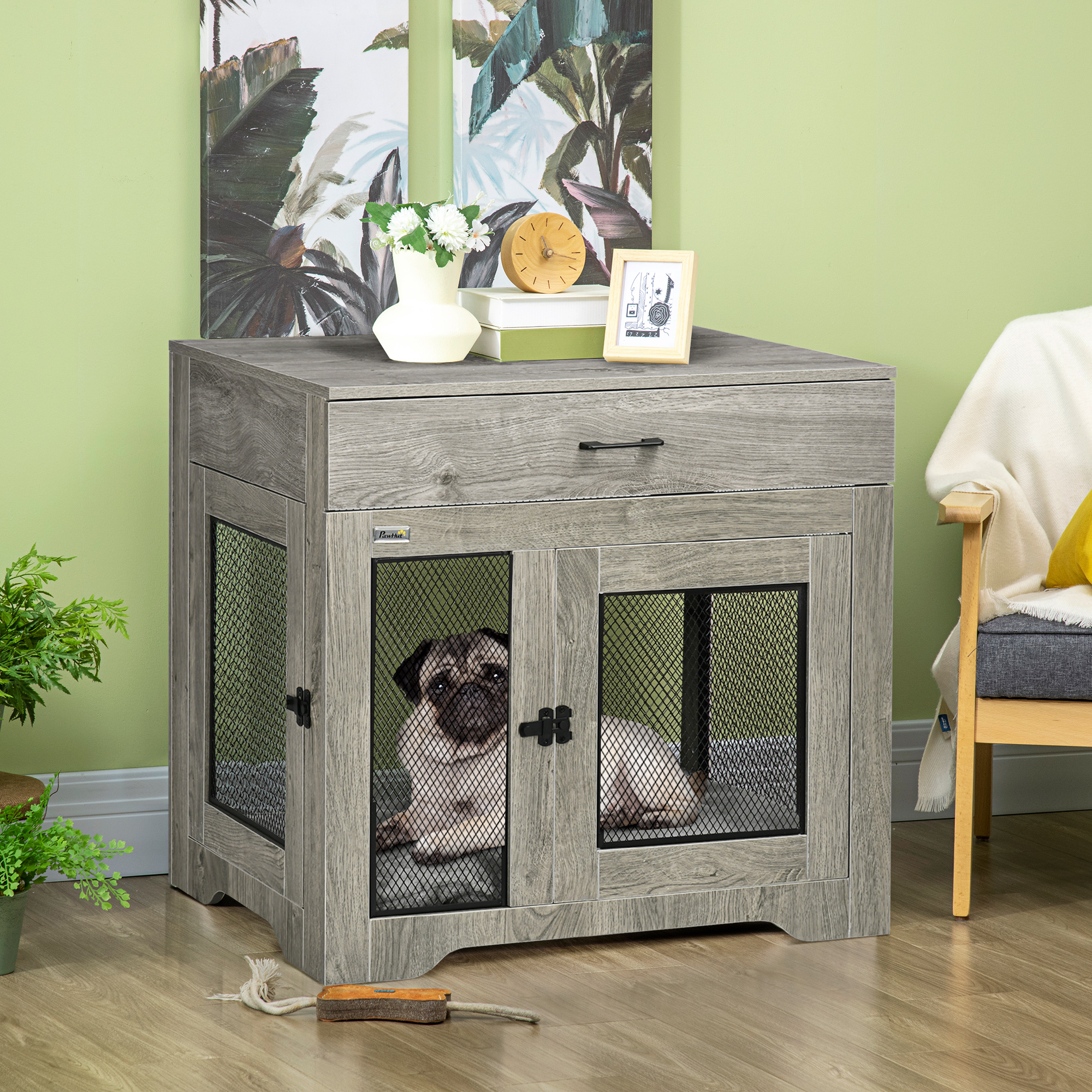 Dog Cage End Table With Two Doors,Drawer,for Medium Dogs-Grey — image 4