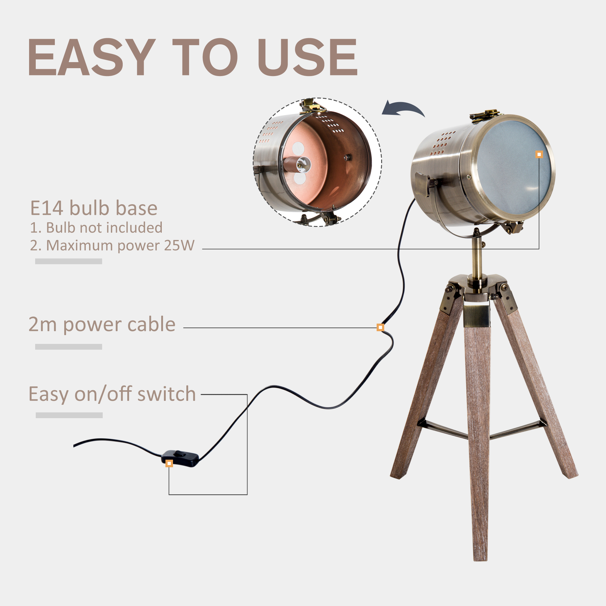 Vintage tripod table desk lamp bedside light spotlight