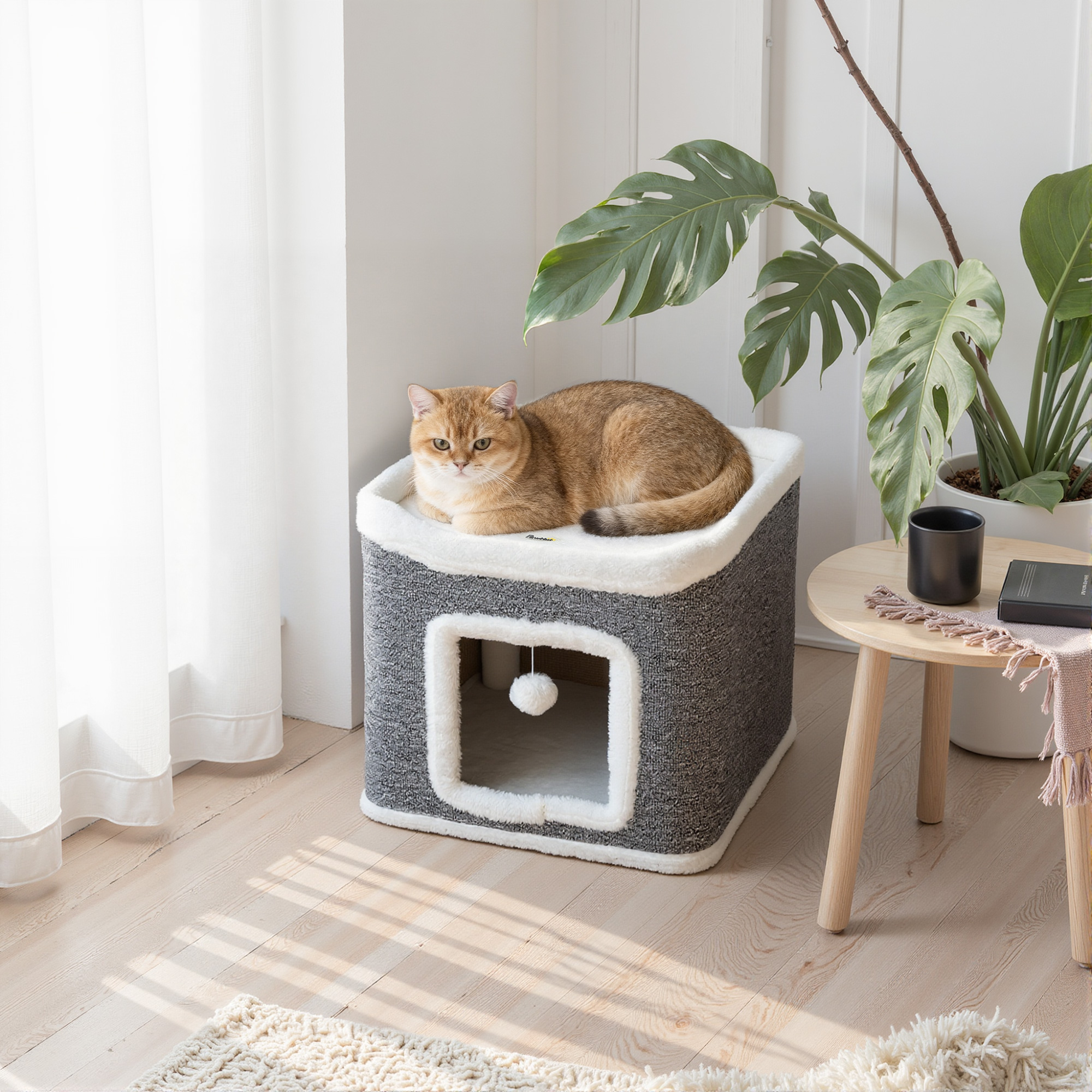 Cat House For Indoor Kittens,2-Level Cat Cave Bed With Fluffy Balls,Top Bed,Kitten Barrel For Multi Kitties,Grey detail photo 9