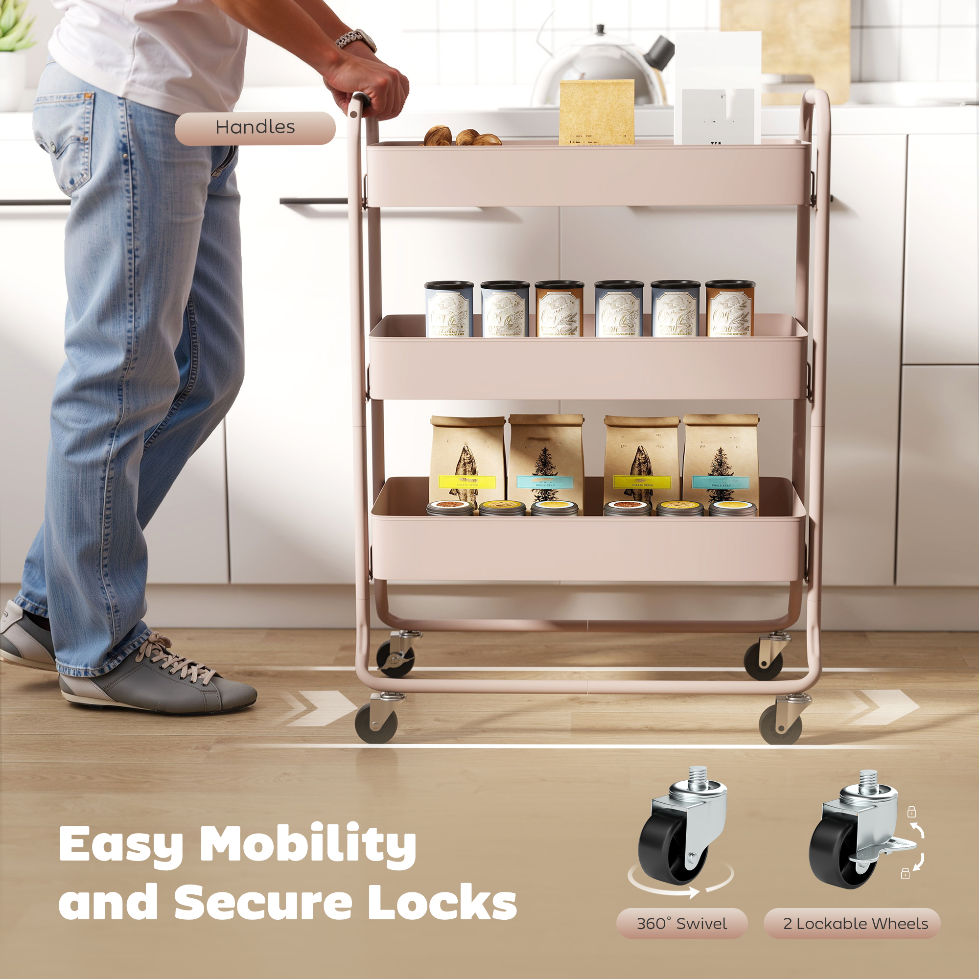3-Tier Storage Trolley On Wheels,Rolling Utility Cart With Mesh Backets — image 2