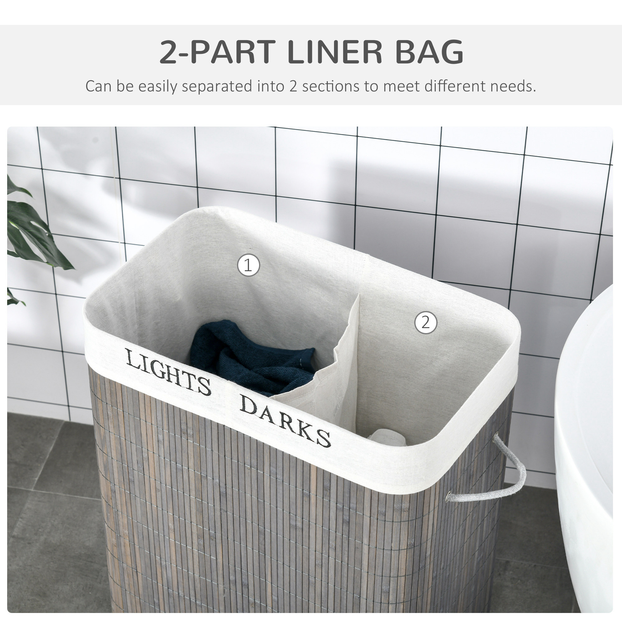 100L Laundry Basket With Lid String Handles,2 Section Collapsible Hamper — image 4