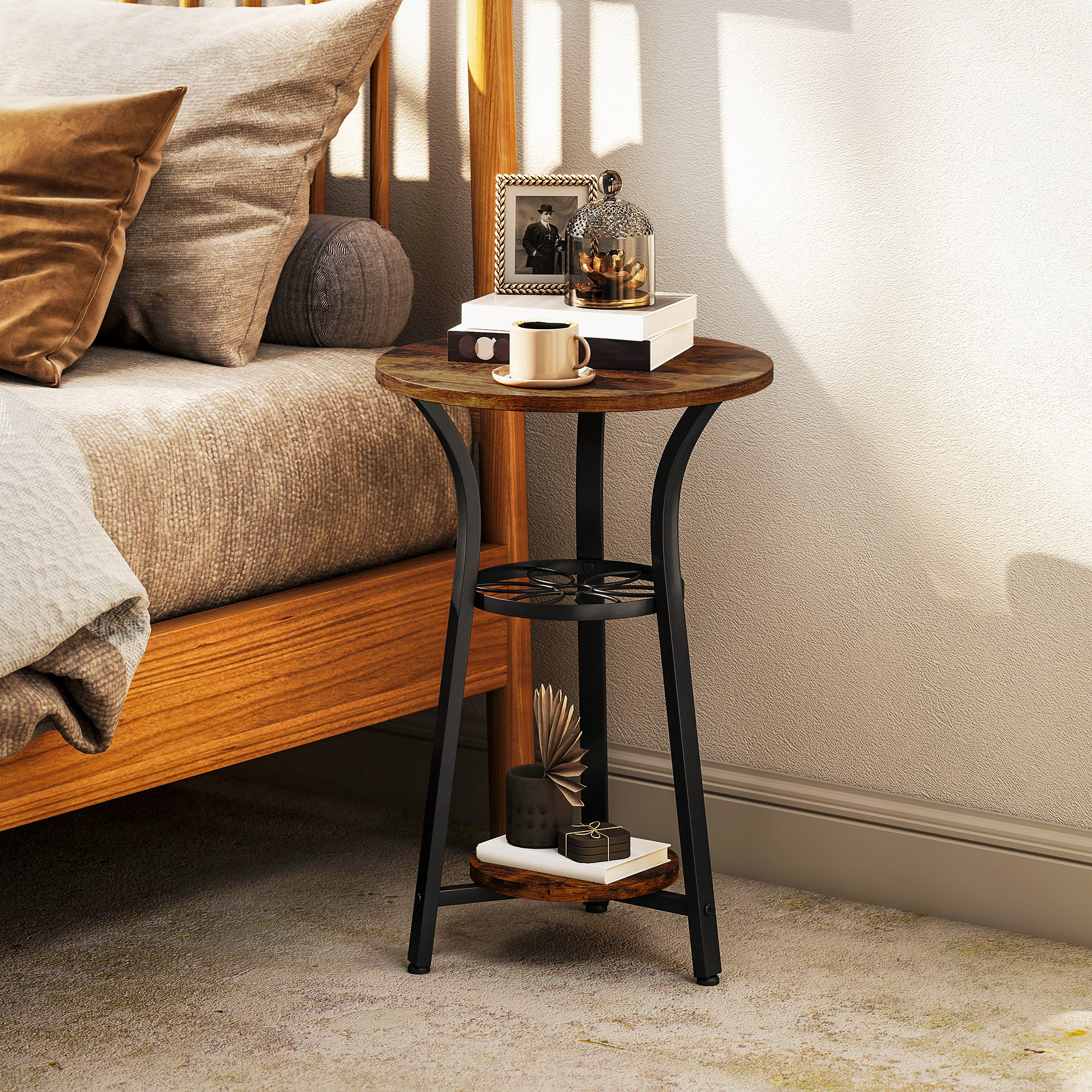 Small Round Side Table With 3 Storage Shelves-Rustic Brown — image 5