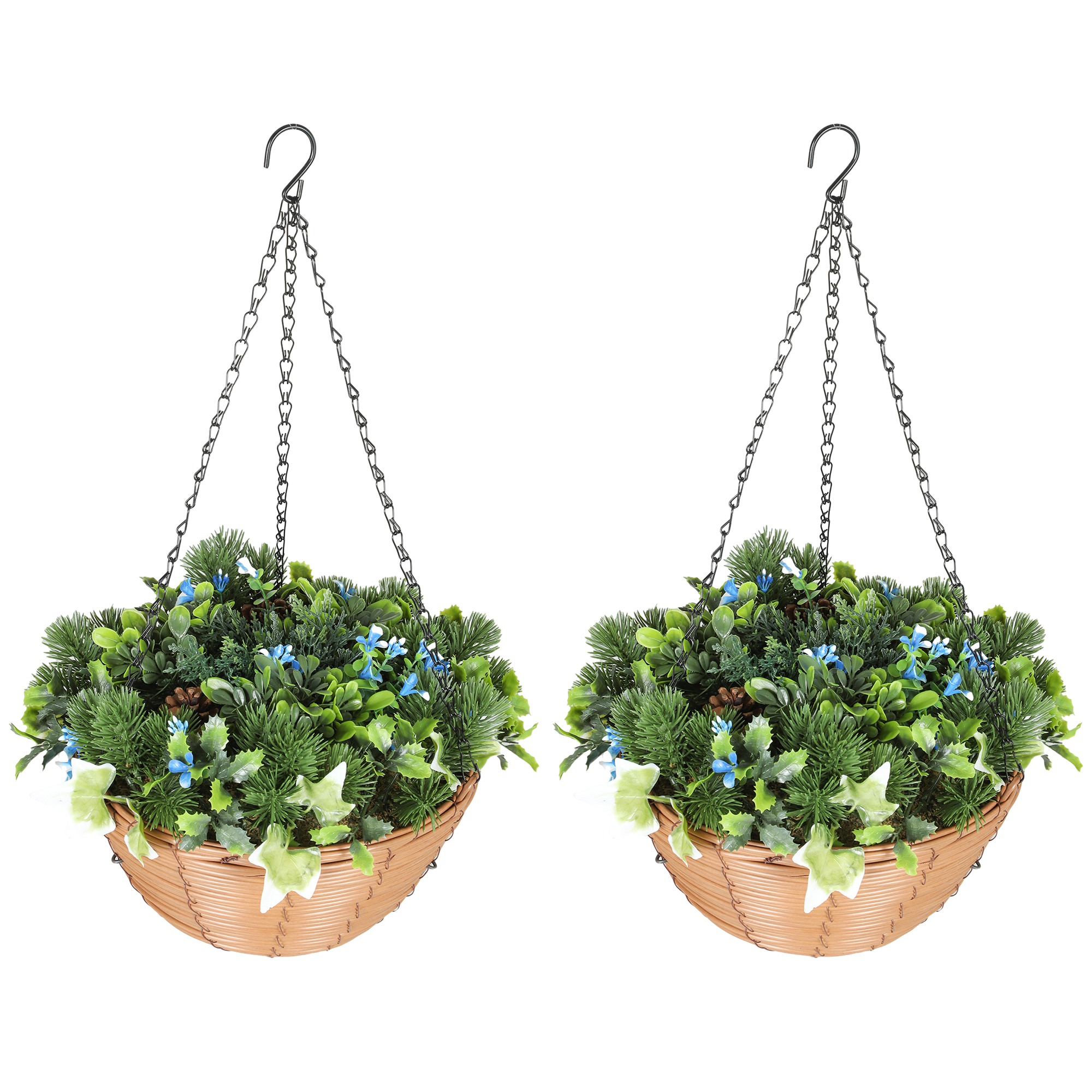 Pack Of 2 Faux Plant Artificial Lisianthus Flowers,Hanging Planters With Basket,PE Leaves,18 Flowers And 3 Pinecones,Decorative Faux Plants For Home Office Decor,Green — 1