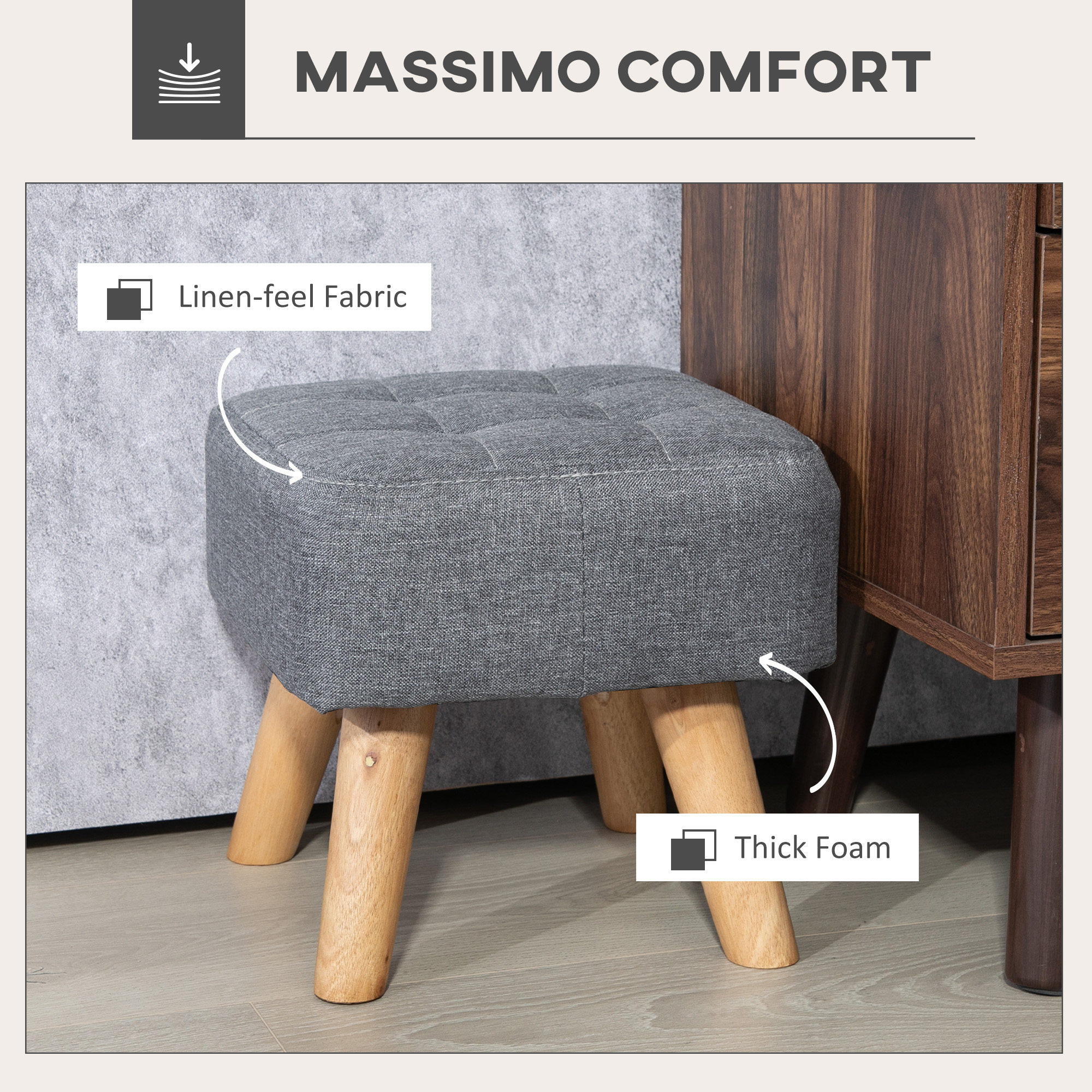 Linen-look square padded footstool-grey