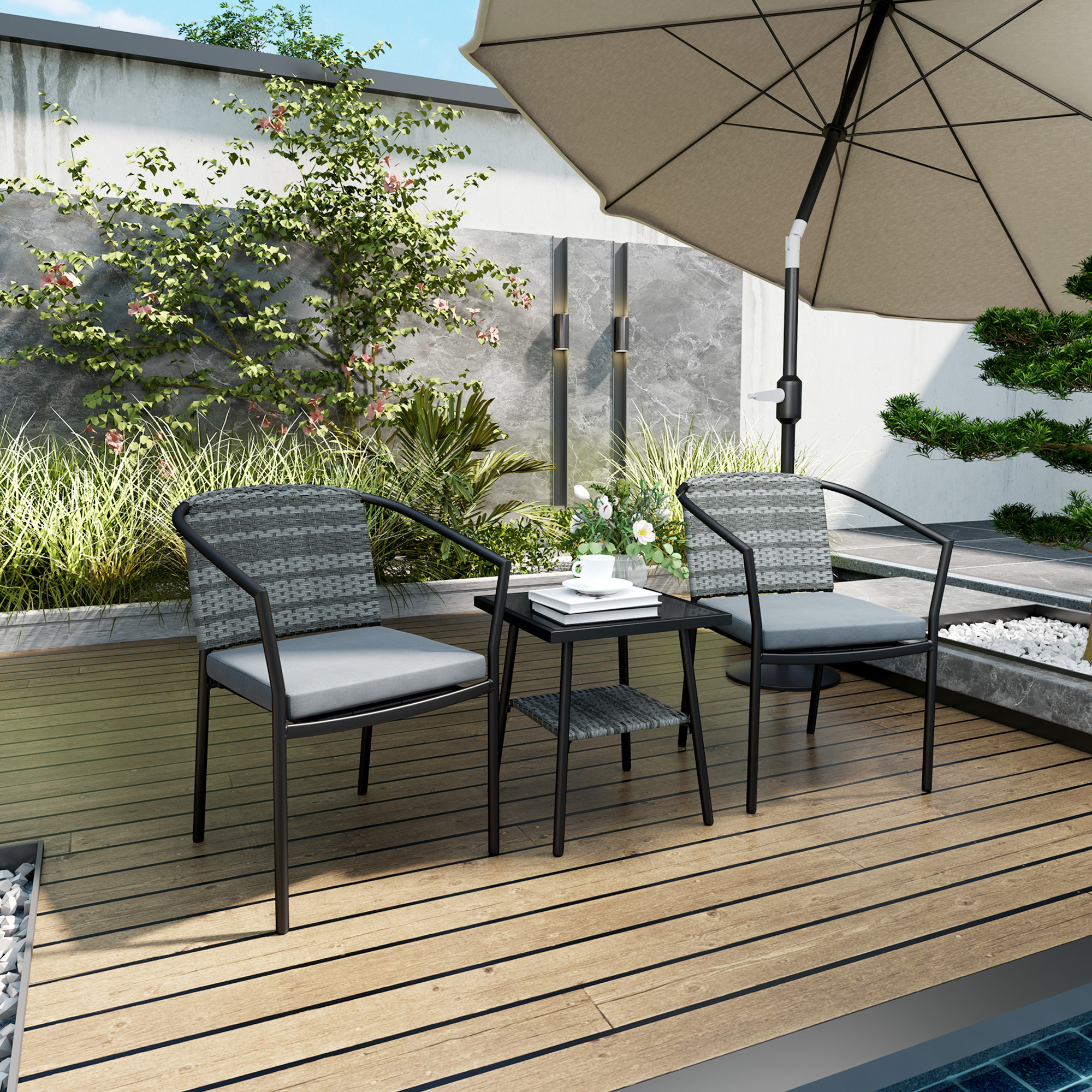 3 Pieces Rattan Bistro Set With Cushions,Wicker Garden Furniture Set,Glass Top — image 3