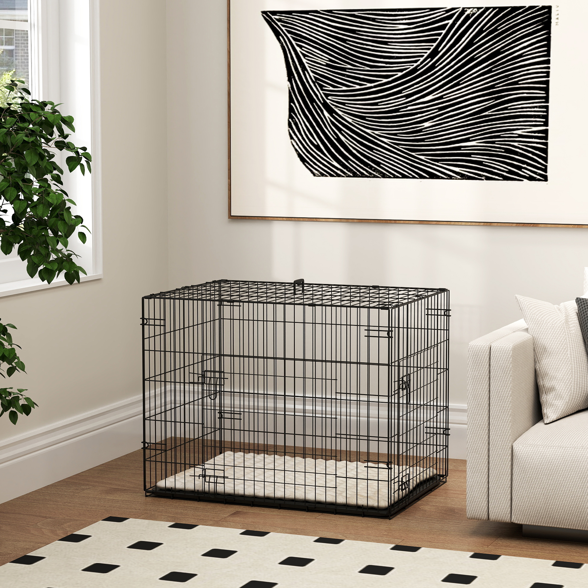 Foldable Dog Crate With 2 Doors With Tray,Soft Cushion,for Small Dogs,75 X 49 X 53 Cm,Black detail photo 3