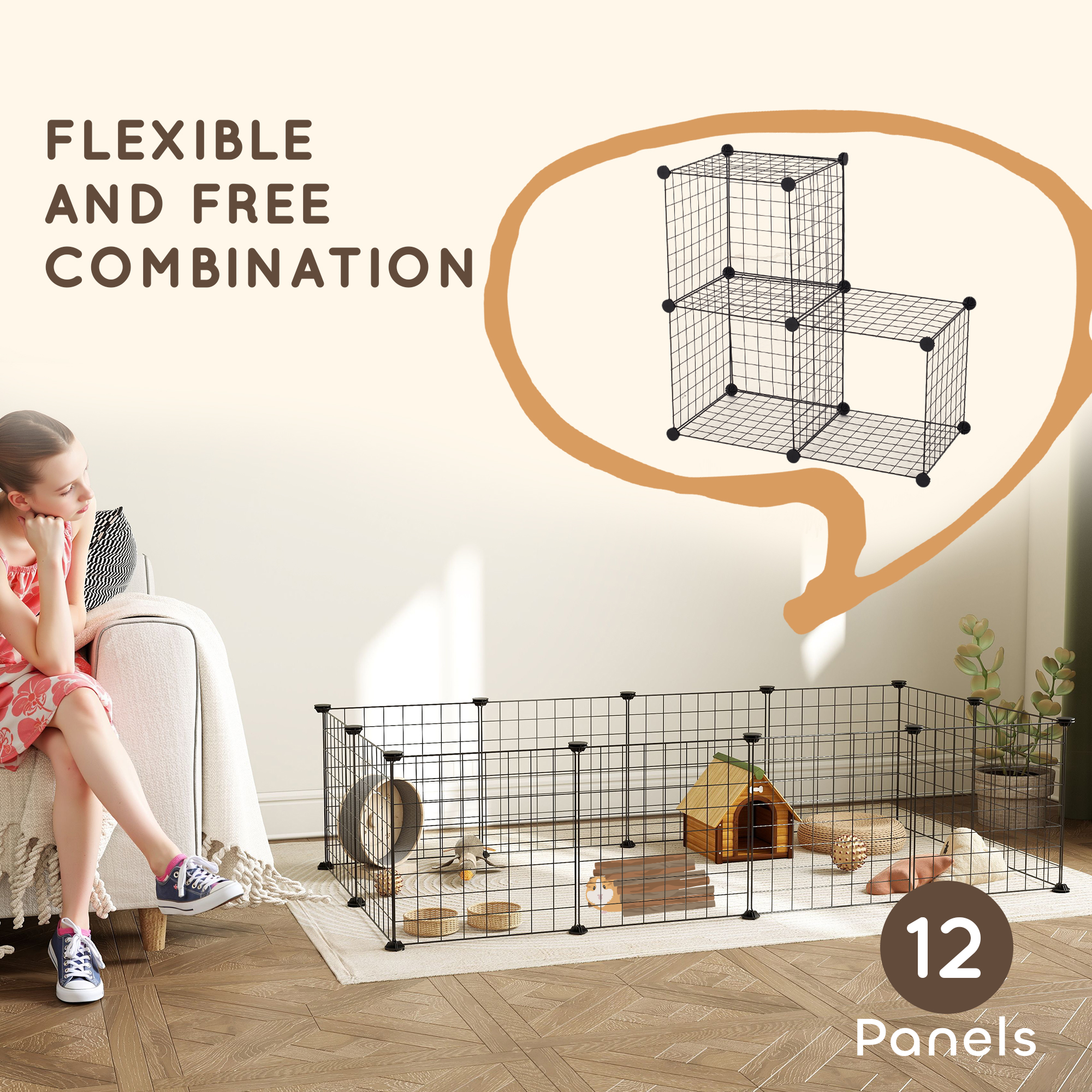 DIY Pet Playpen Metal Wire Fence 12 Panel Enclosure Indoor Outdoor Guinea Pig Bunny Small Animals Cage Black detail photo 7
