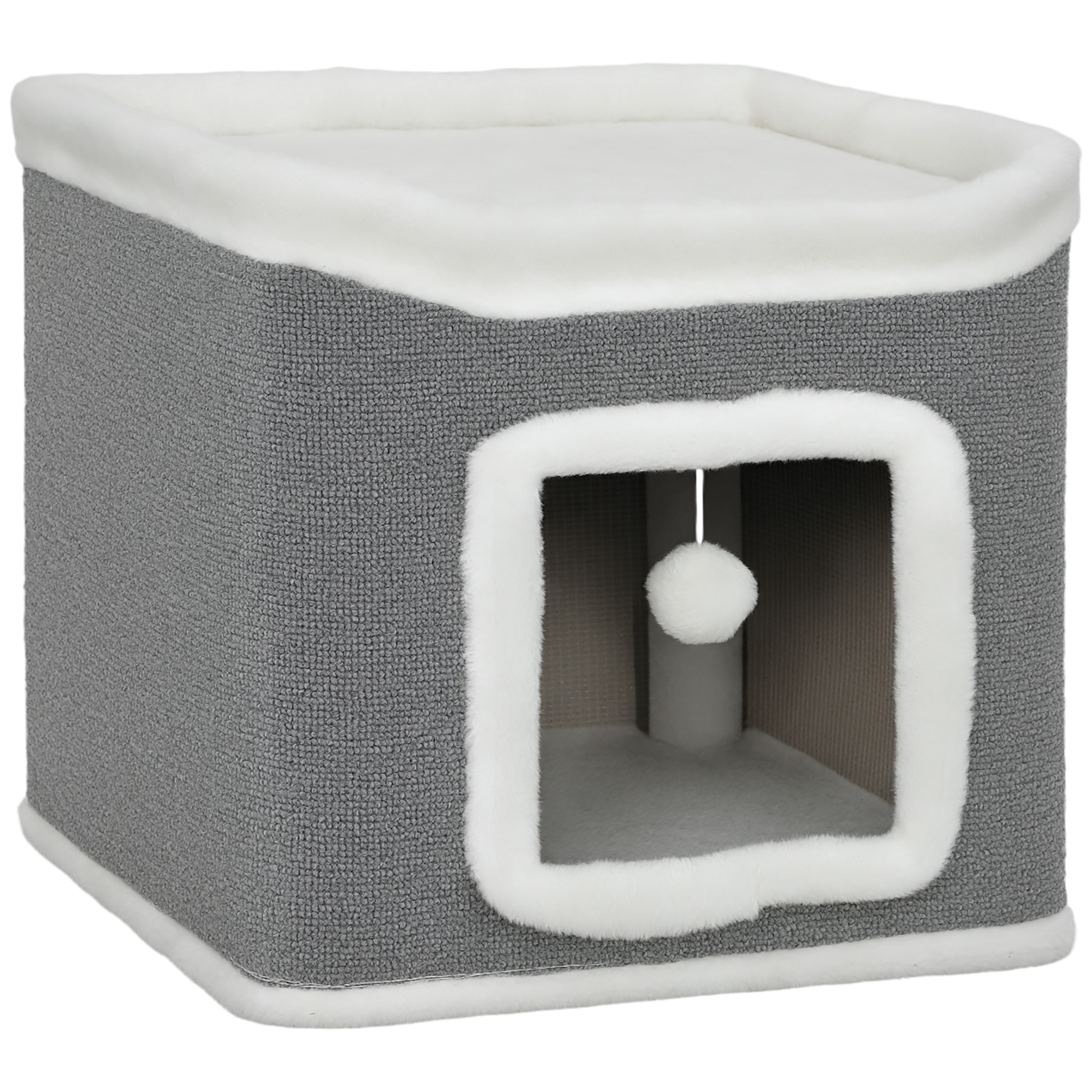 Cat House For Indoor Kittens,2-Level Cat Cave Bed With Fluffy Balls,Top Bed,Kitten Barrel For Multi Kitties,Grey detail photo 1