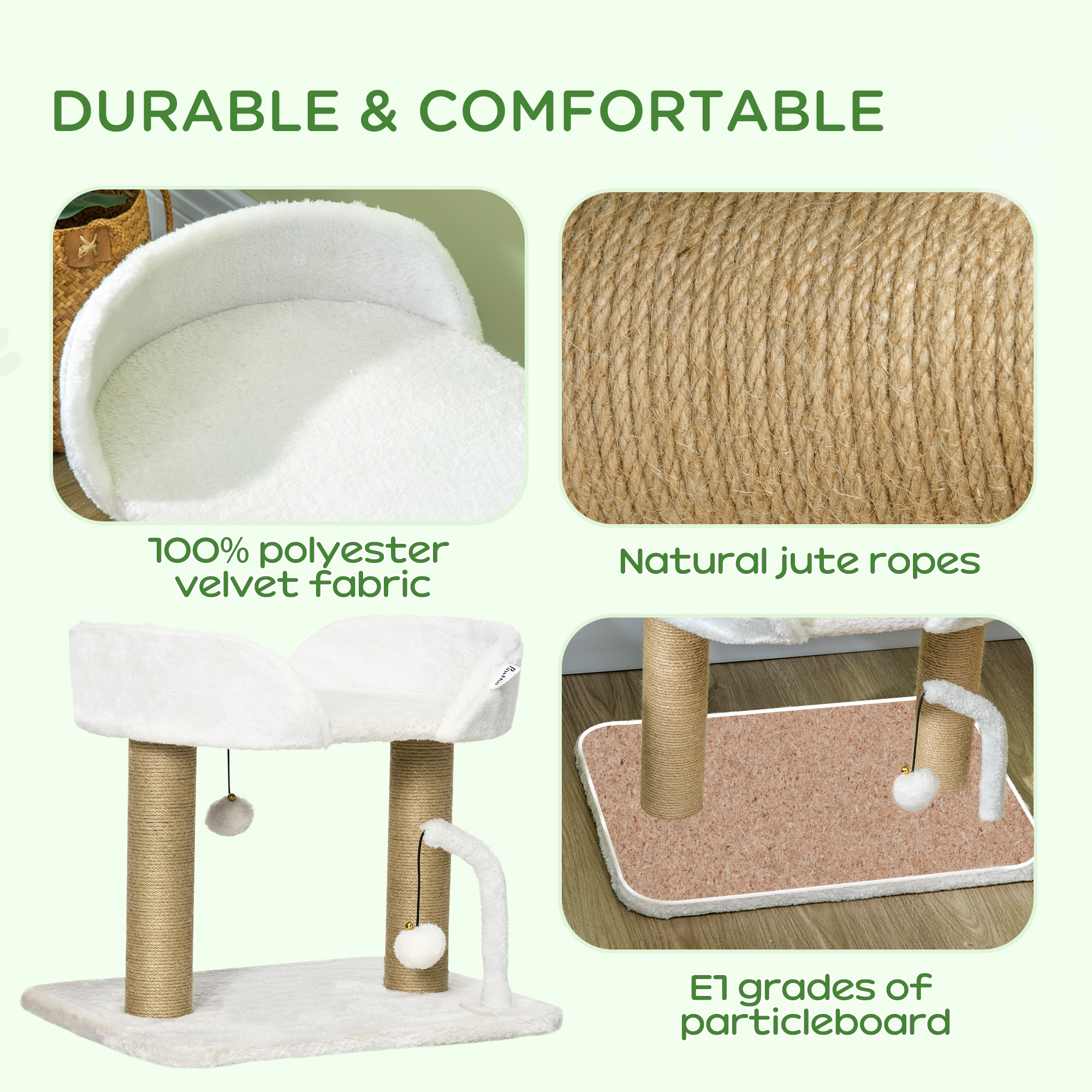 42cm Indoor Cat Tree,with Toy Balls,Jute Scratching Post-White — image 3