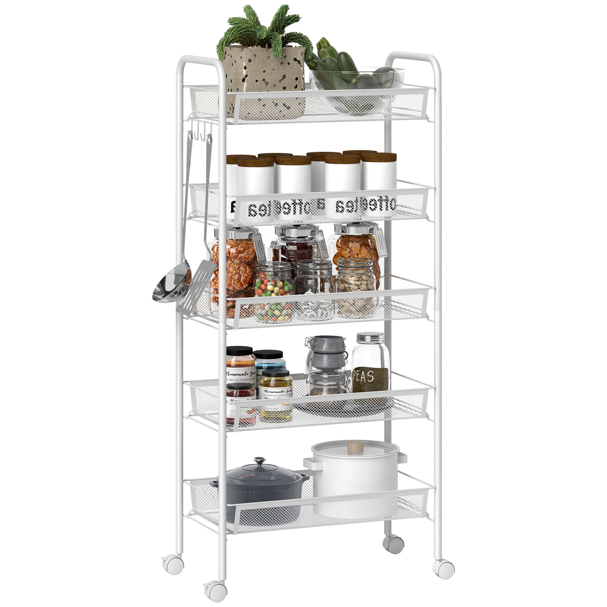 Five-Steel Mesh Basket Storage Trolley,with Wheels-White