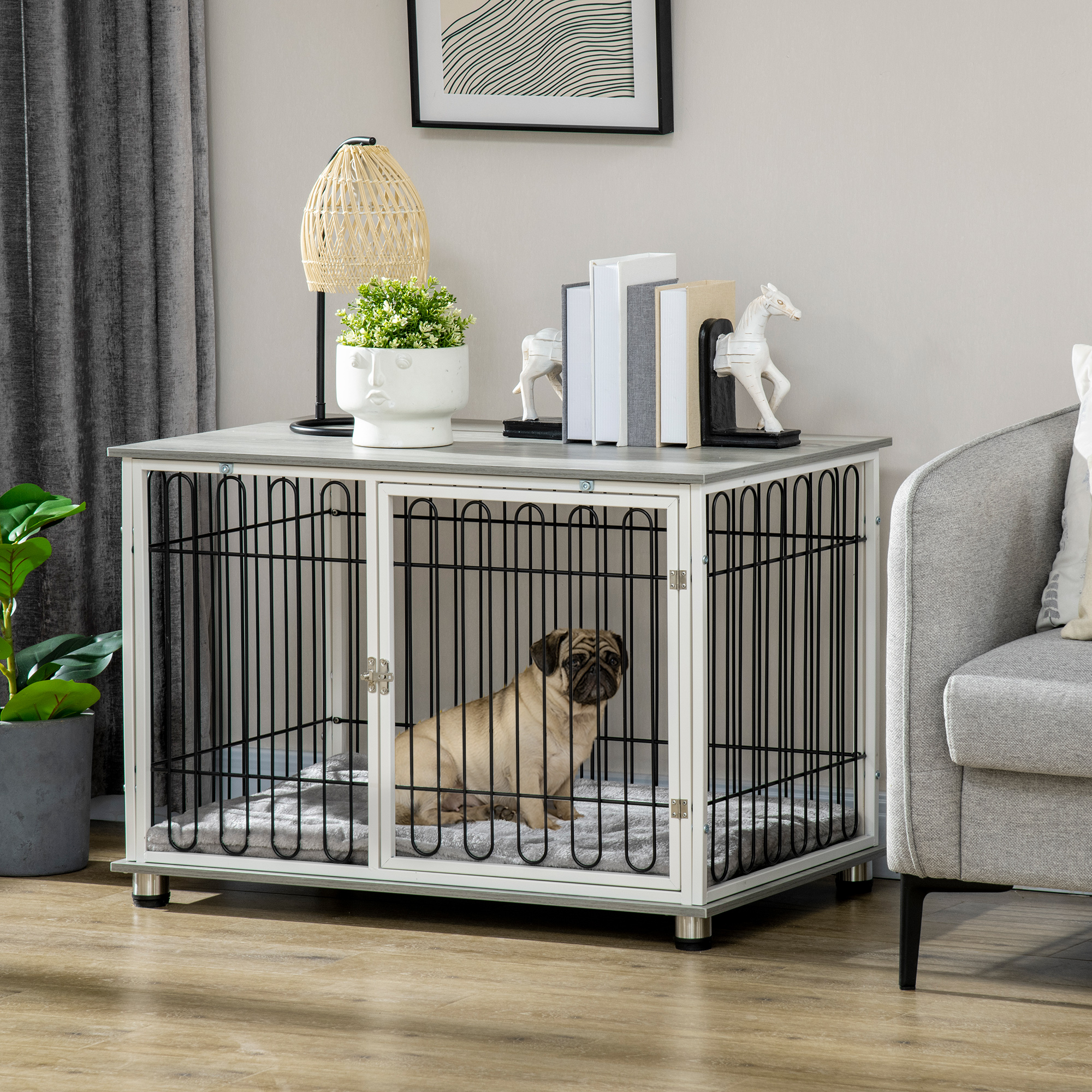 Indoor Dog Crate Furniture,Side End Table,with Soft Washable Cushion,Lockable Doors,for Small And Medium Dogs detail photo 1