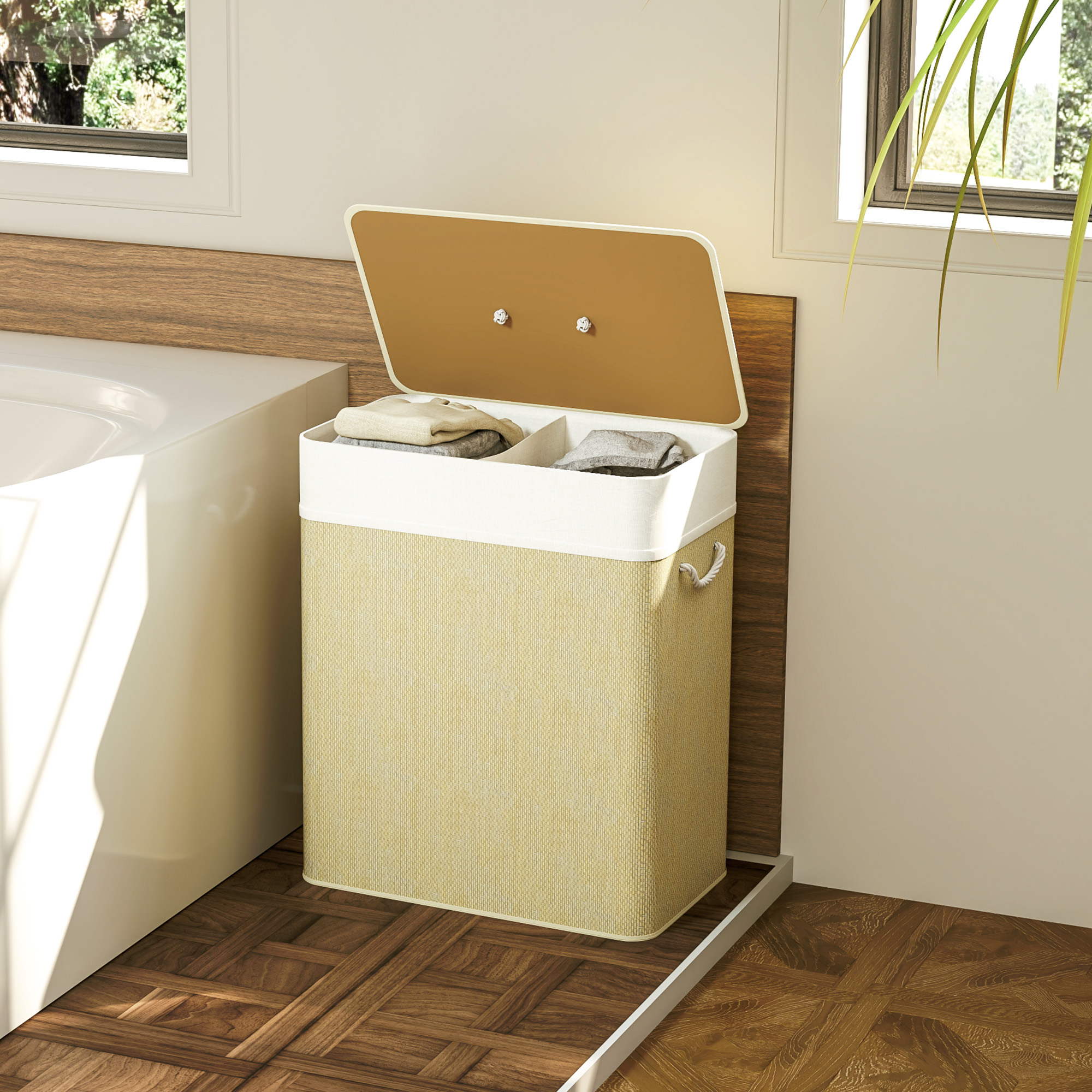 Double Laundry Basket With Lid,100L Bamboo Hamper Rope Handles,Washing