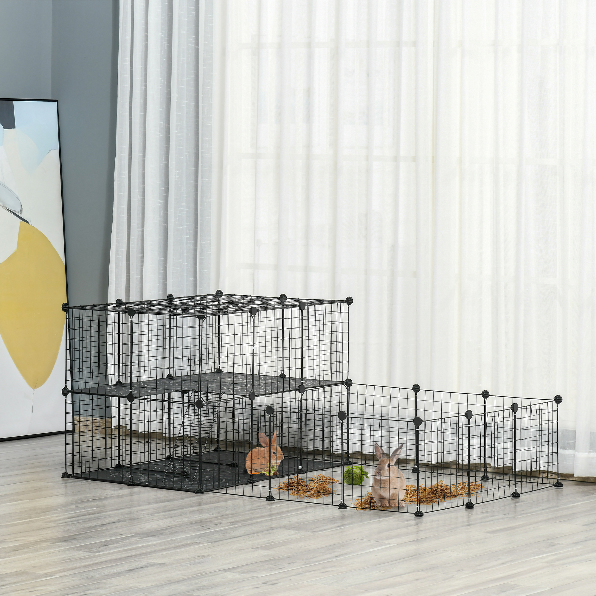 Pet Playpen With Door,Guinea Pigs Metal Mesh Cage For Small Animal,Chinchilla,175 X 105 X 70 CM,Black detail photo 10