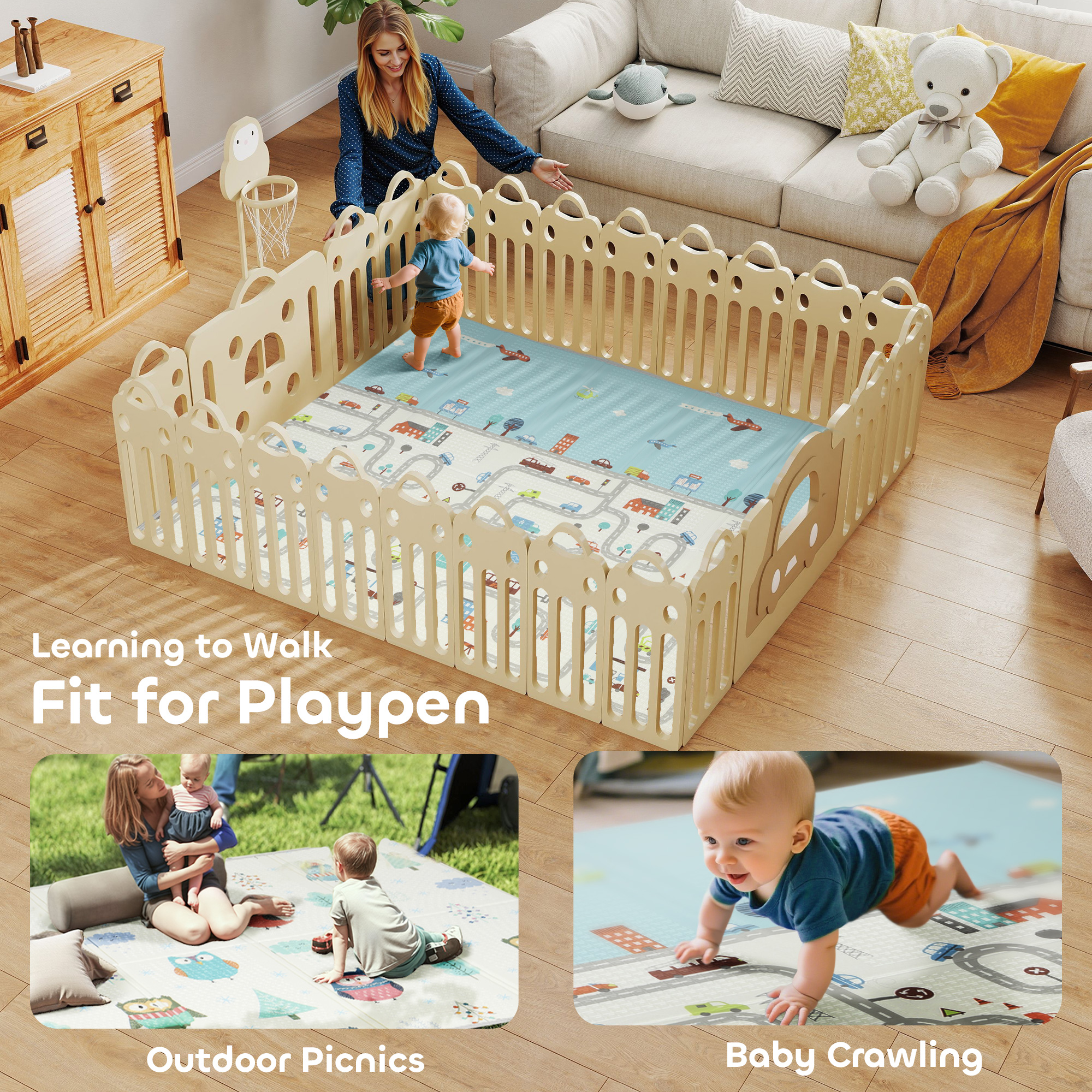 Foldable Baby Plat Mat Double Sided,Kids Floor For Crawling,200L X 150W Cm,Car