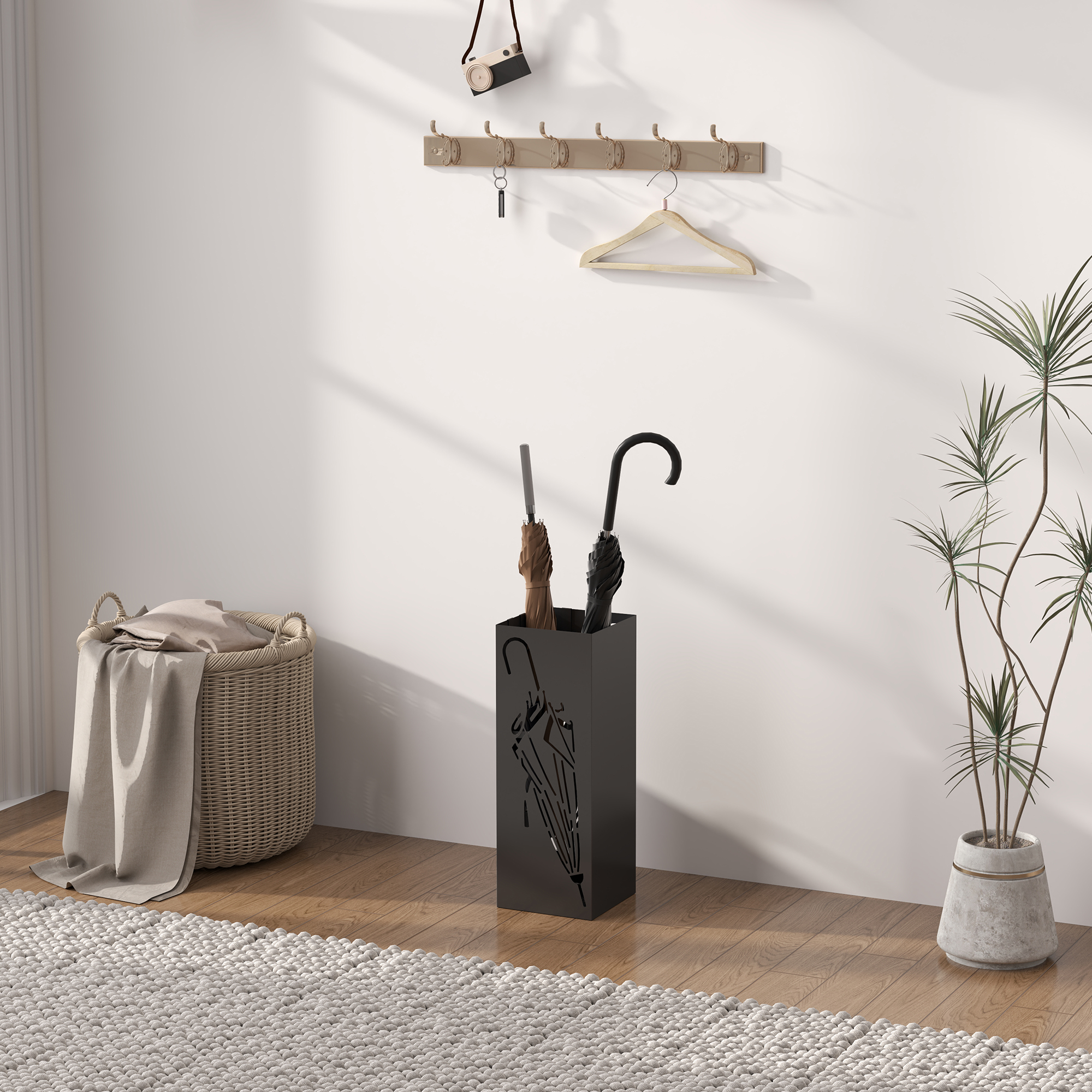 Metal Umbrella Stand,Square Holder With 4 Hooks And Removable Drip