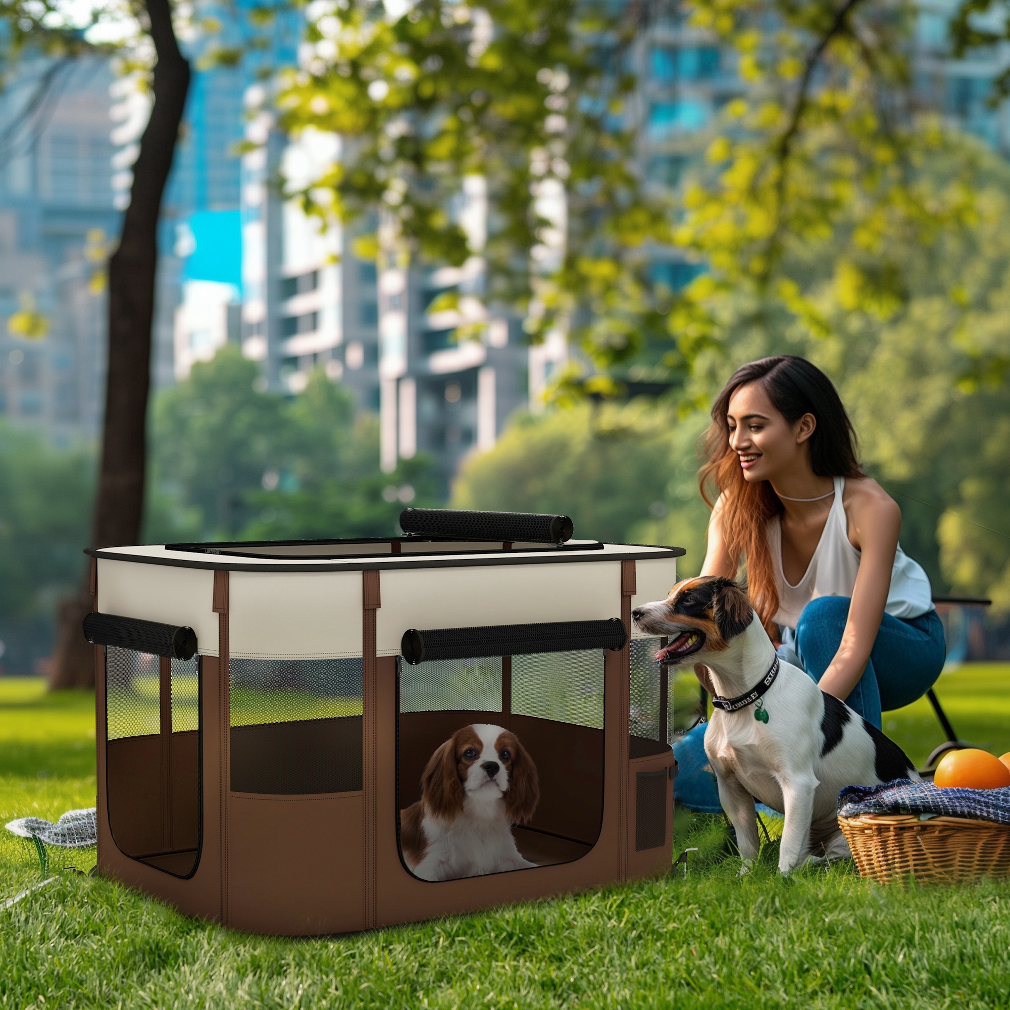 Foldable Dog Pen With Storage Bag For Indoor/Outdoor Use,Portable Pet Playpen,with Ground Stakes-Brown detail photo 10