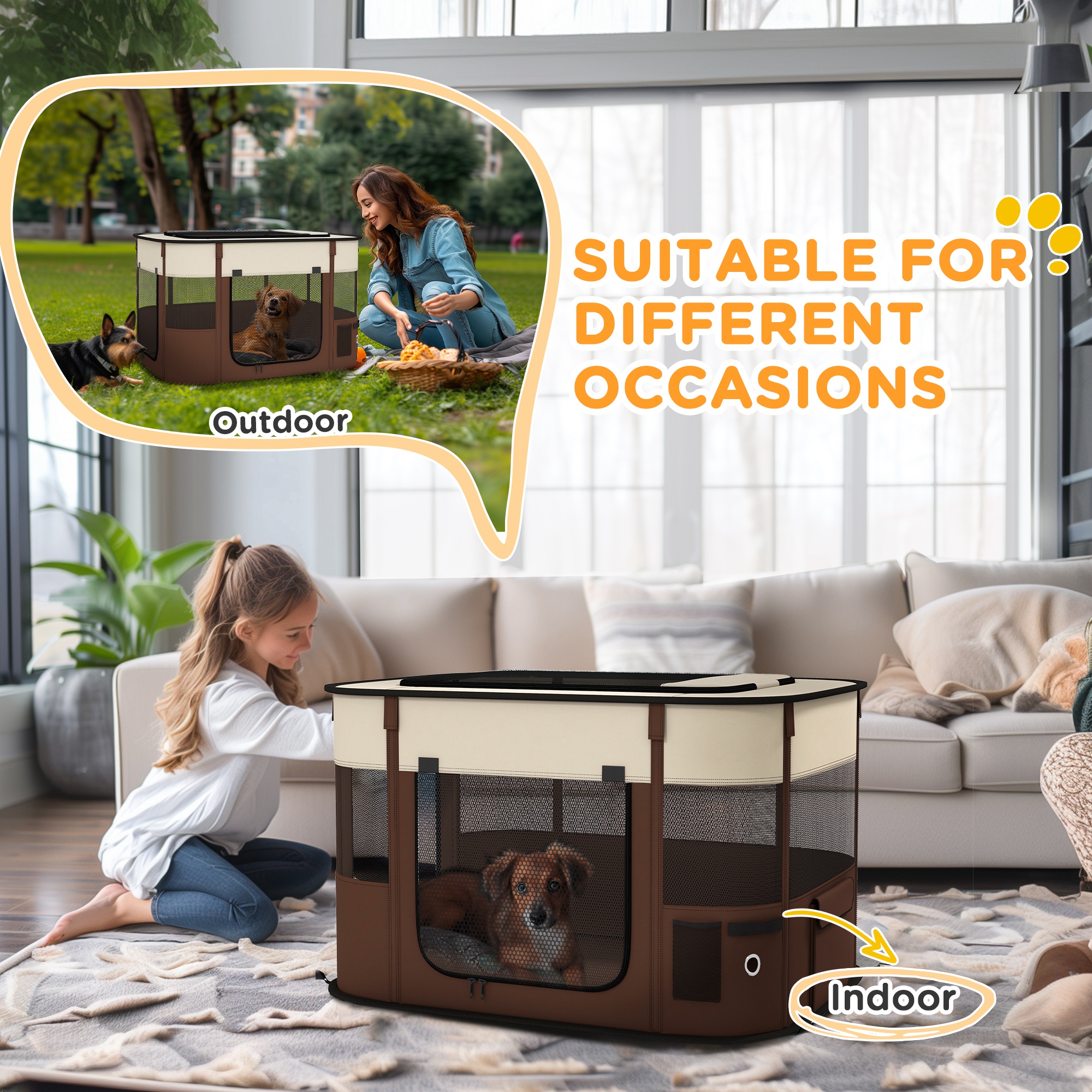 Foldable Dog Pen With Storage Bag For Indoor/Outdoor Use,Portable Pet Playpen,with Ground Stakes-Brown detail photo 12