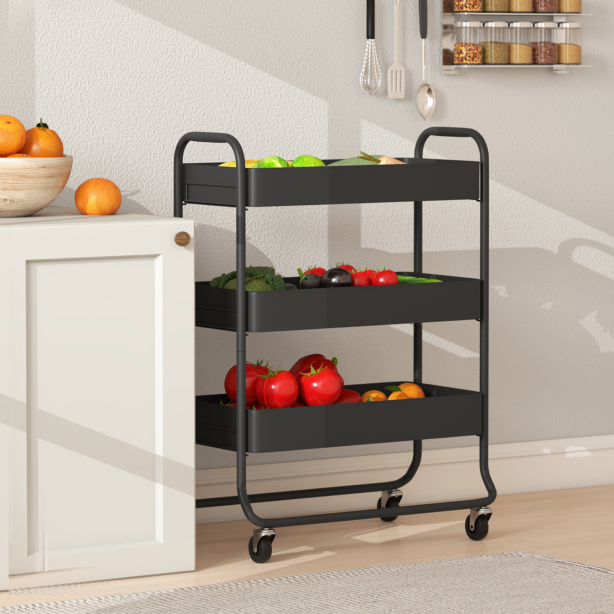 3-Tier Storage Trolley On Wheels,Rolling Utility Cart With Mesh Backets — image 3