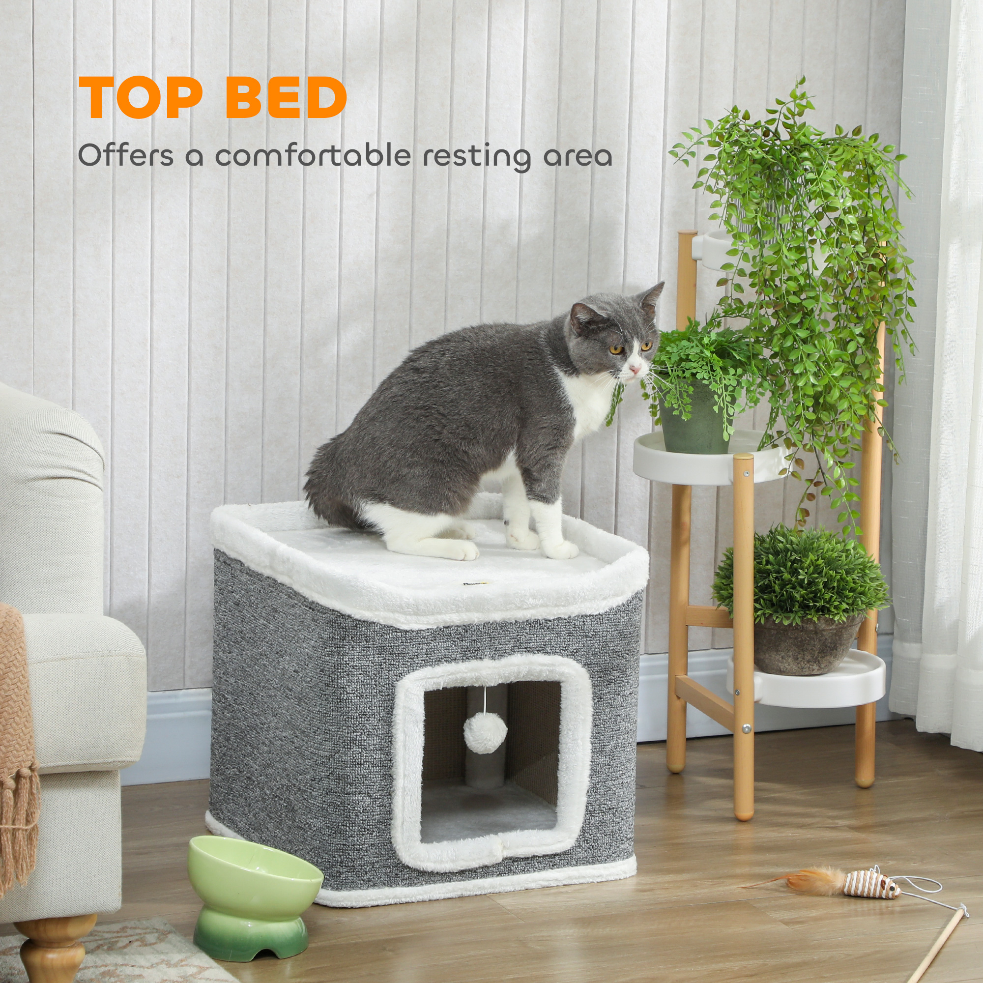 Cat House For Indoor Kittens,2-Level Cave Bed With Fluffy Balls,Top Bed,Kitten