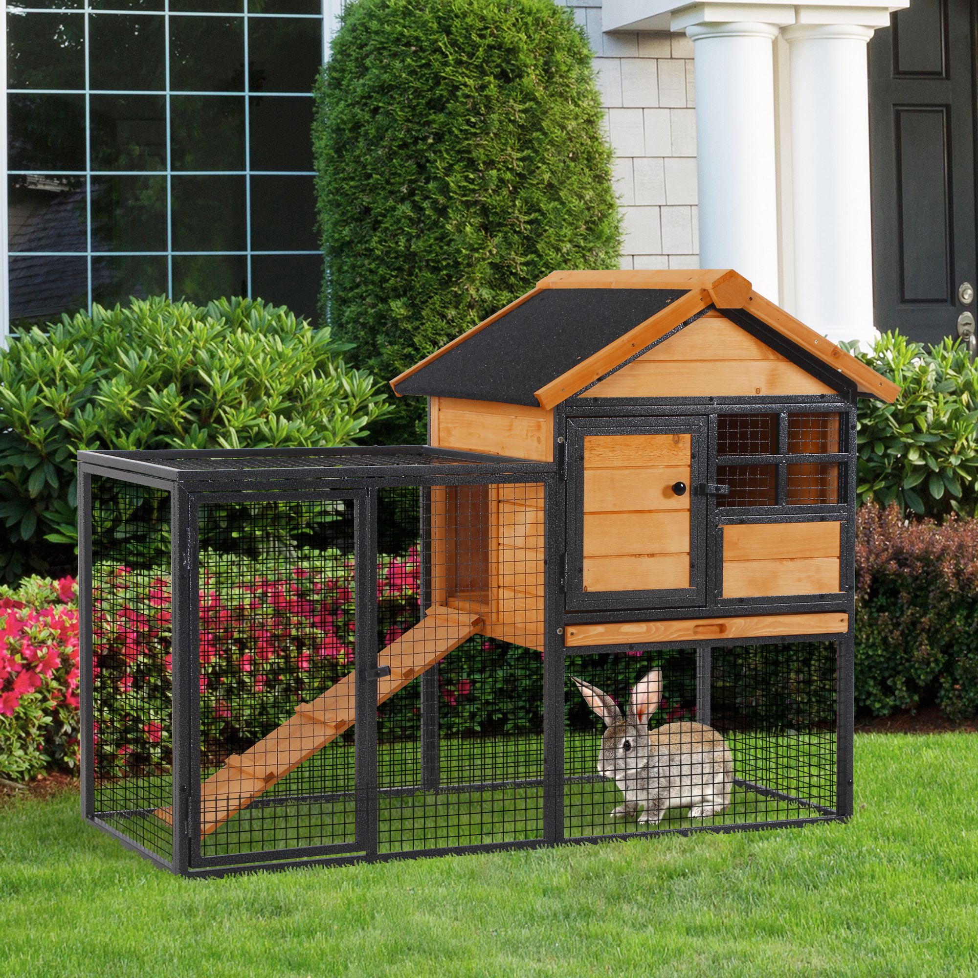 Rabbit Hutch Guinea Pig Hutch Wood-metal Elevated Guinea Pig House Pet Bunny Cage For Outdoor 122 X 63 X 92cm Light Yellow detail photo 10