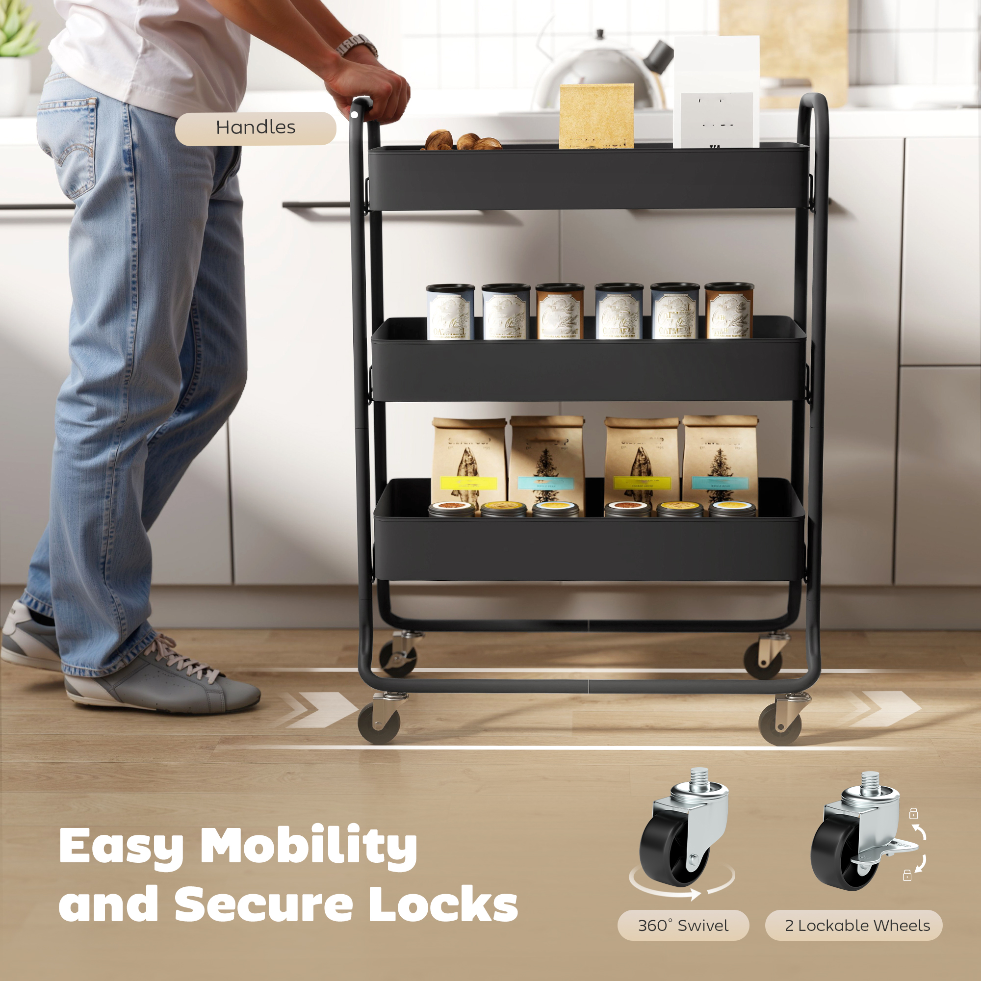 3-Tier Storage Trolley On Wheels,Rolling Utility Cart With Mesh Backets — image 2