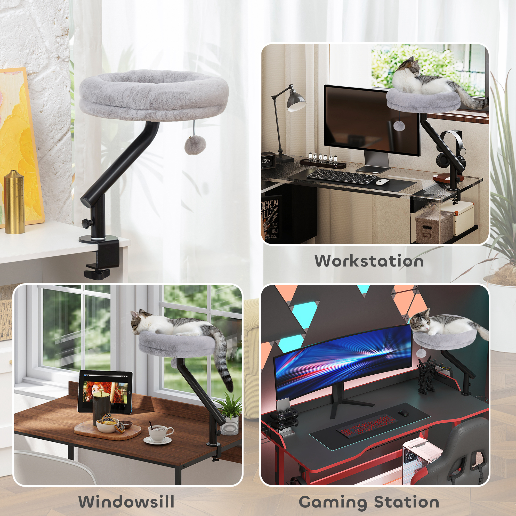 Cat Desk Bed,Cat Hammock 360° Rotatable Adjustable For Window,Table,Work,Grey — image 2