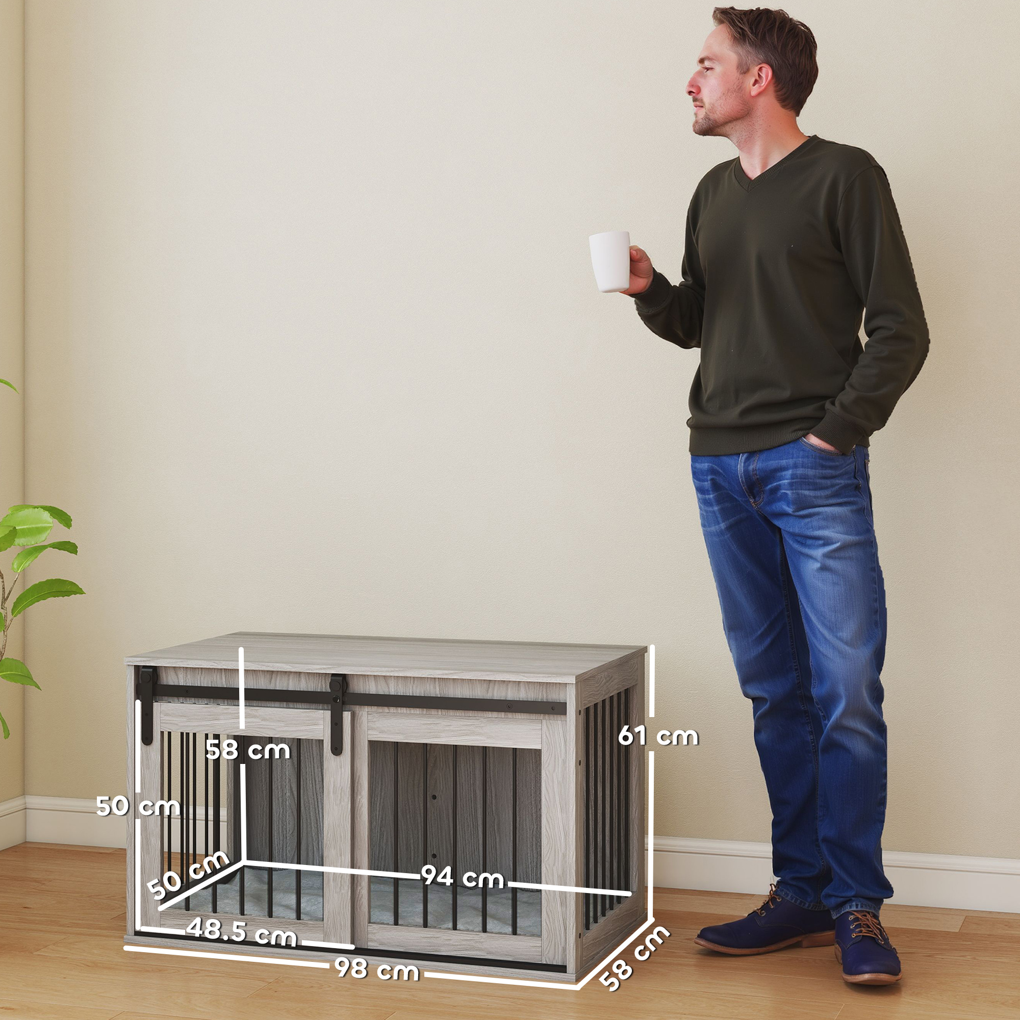 98cm Dog Crate Furniture With Removable Cushion For Large Dogs - Grey detail photo 8