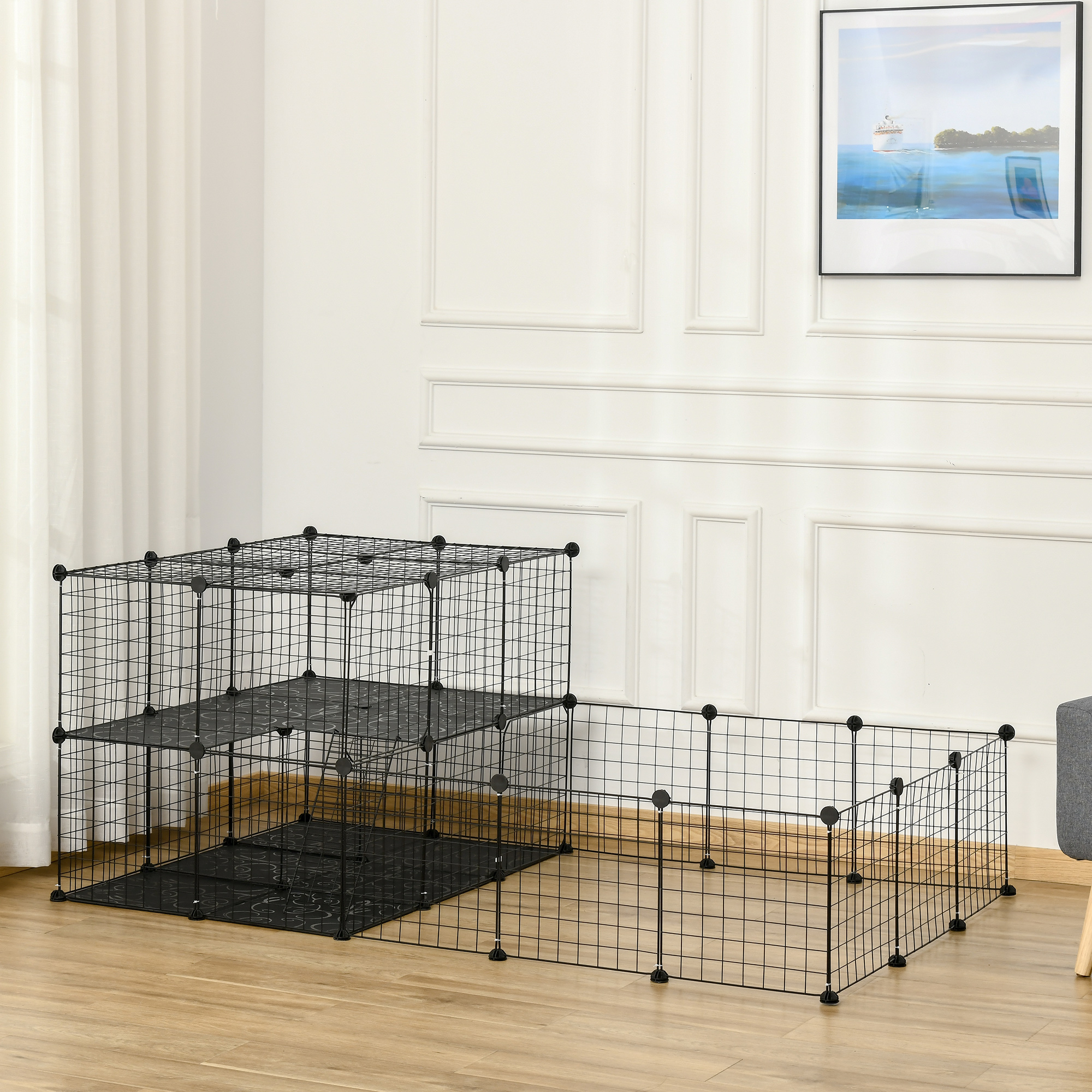 Pet Playpen With Door,Guinea Pigs Metal Mesh Cage For Small Animal,Chinchilla,175 X 105 X 70 CM,Black detail photo 9