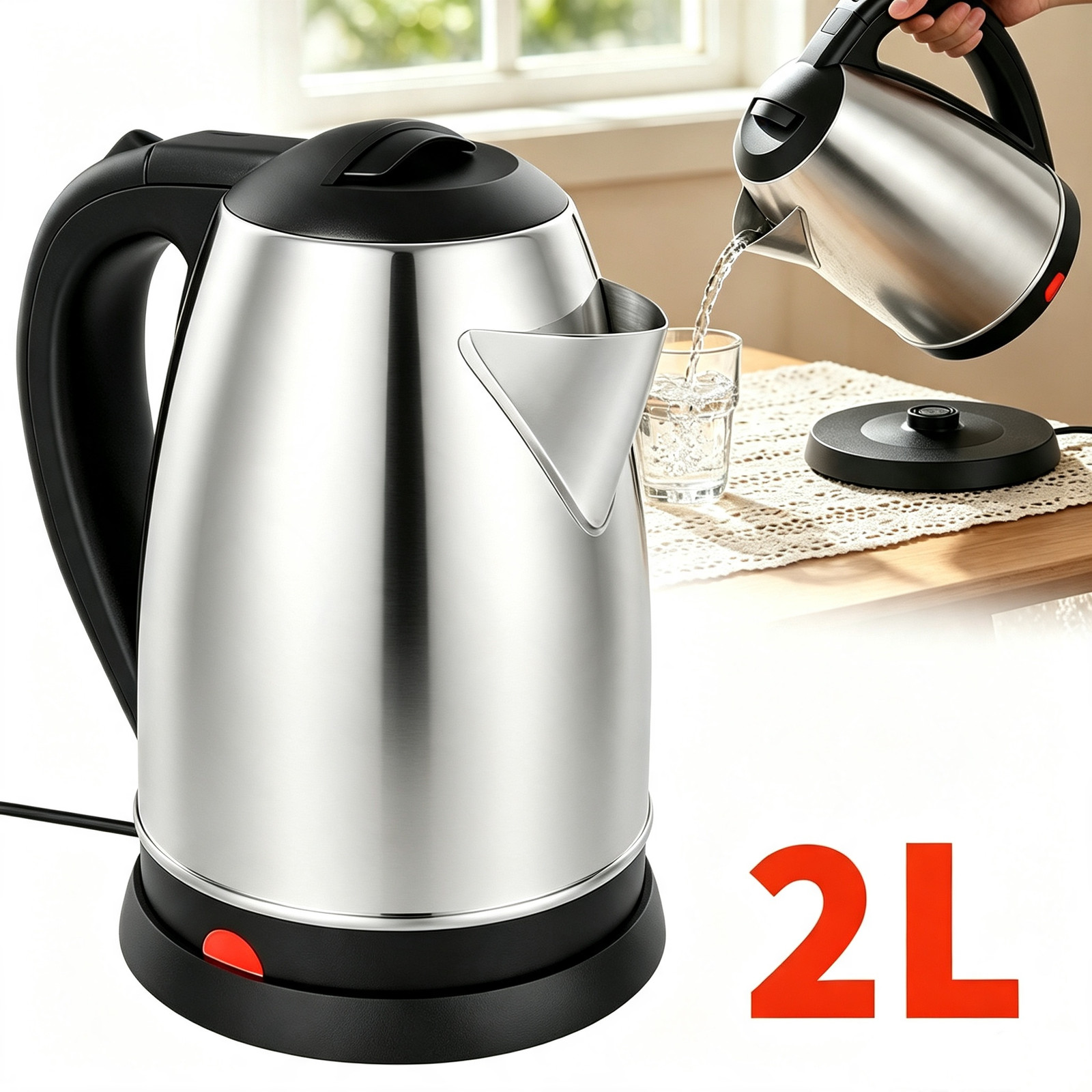 Cordless Electric Kettle 2L 1500W Stainless Steel Jug Overheat Protection 360° — 1