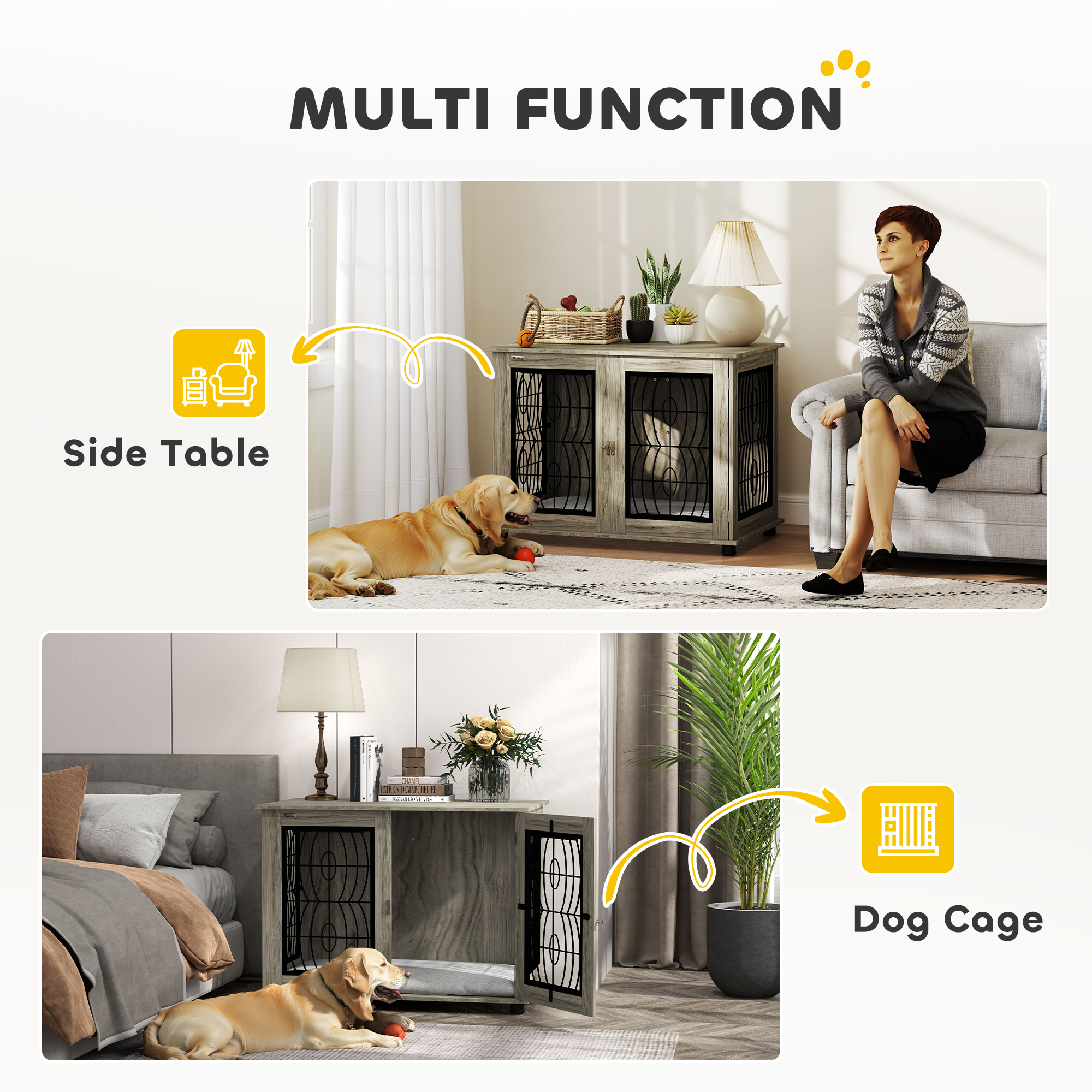 Indoor Dog Crate Furniture End Table With Soft Washable Cushion,Lockable Front — image 2