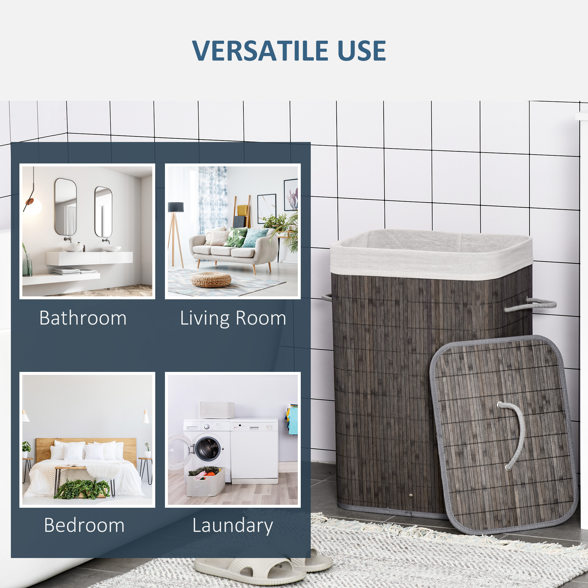 Laundry Basket With Flip Lid And String Handles,Collapsible Hamper Removable — image 3