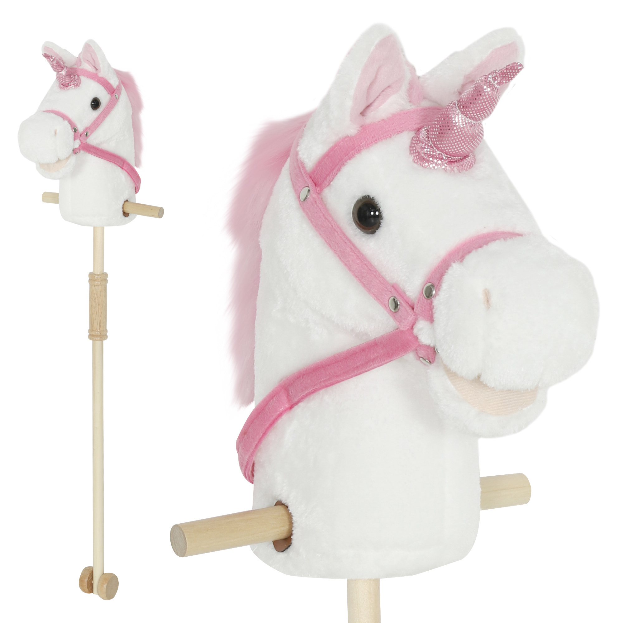 Unicorn Stick Horse With Wood Wheels,Real Pony Neighing And Galloping