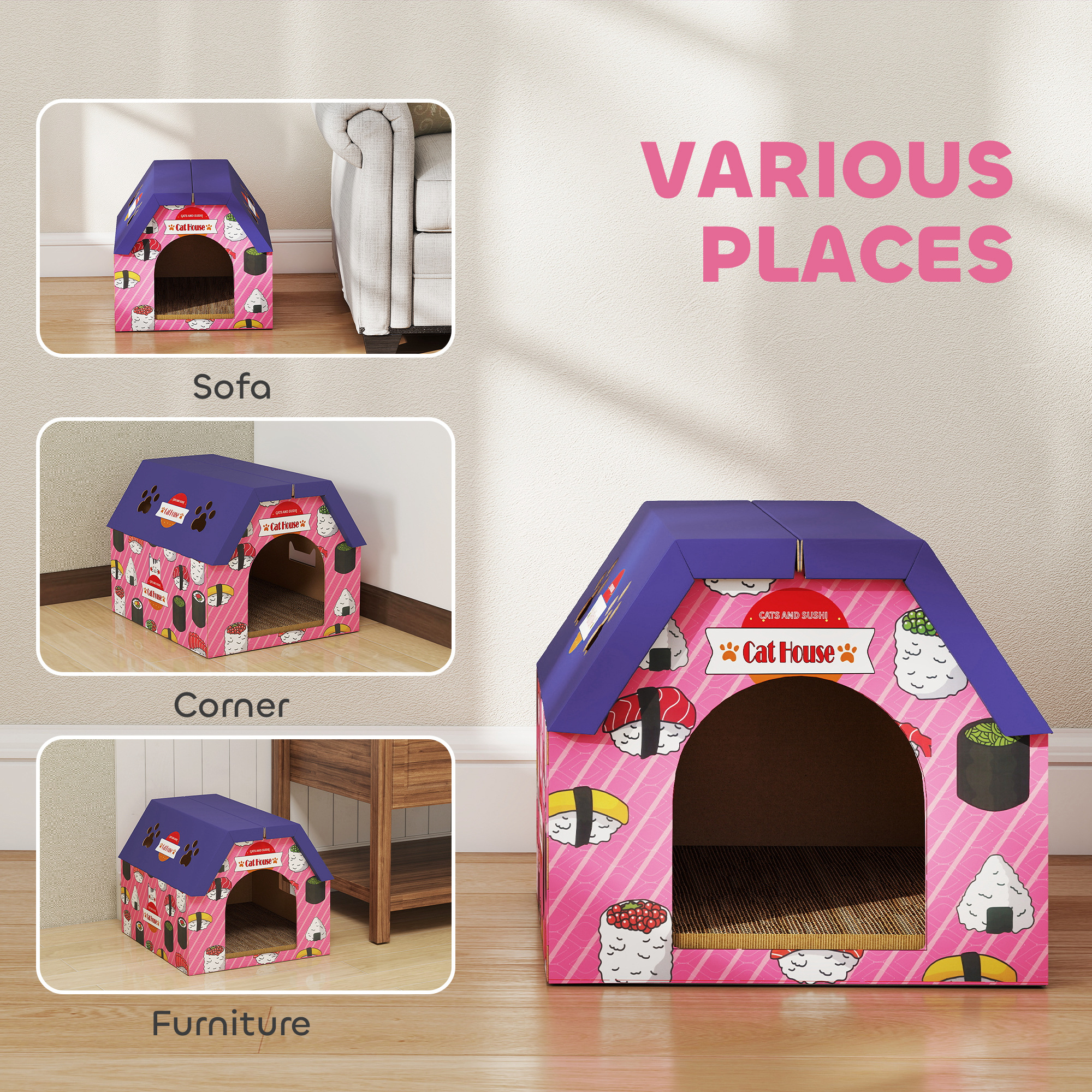 Cat Scratching Board,2-in-1 Cardboard House And Hideaway For Indoor Cats,Pink — image 2