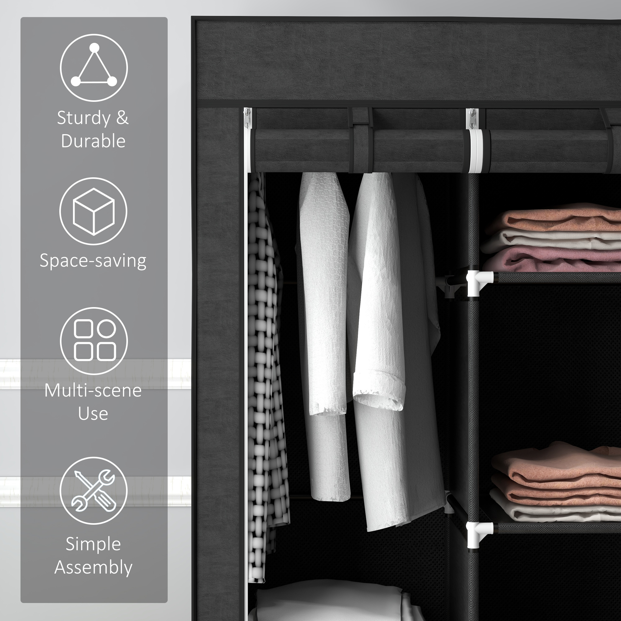Fabric Wardrobe,with Rails And Shelves-Black — image 4