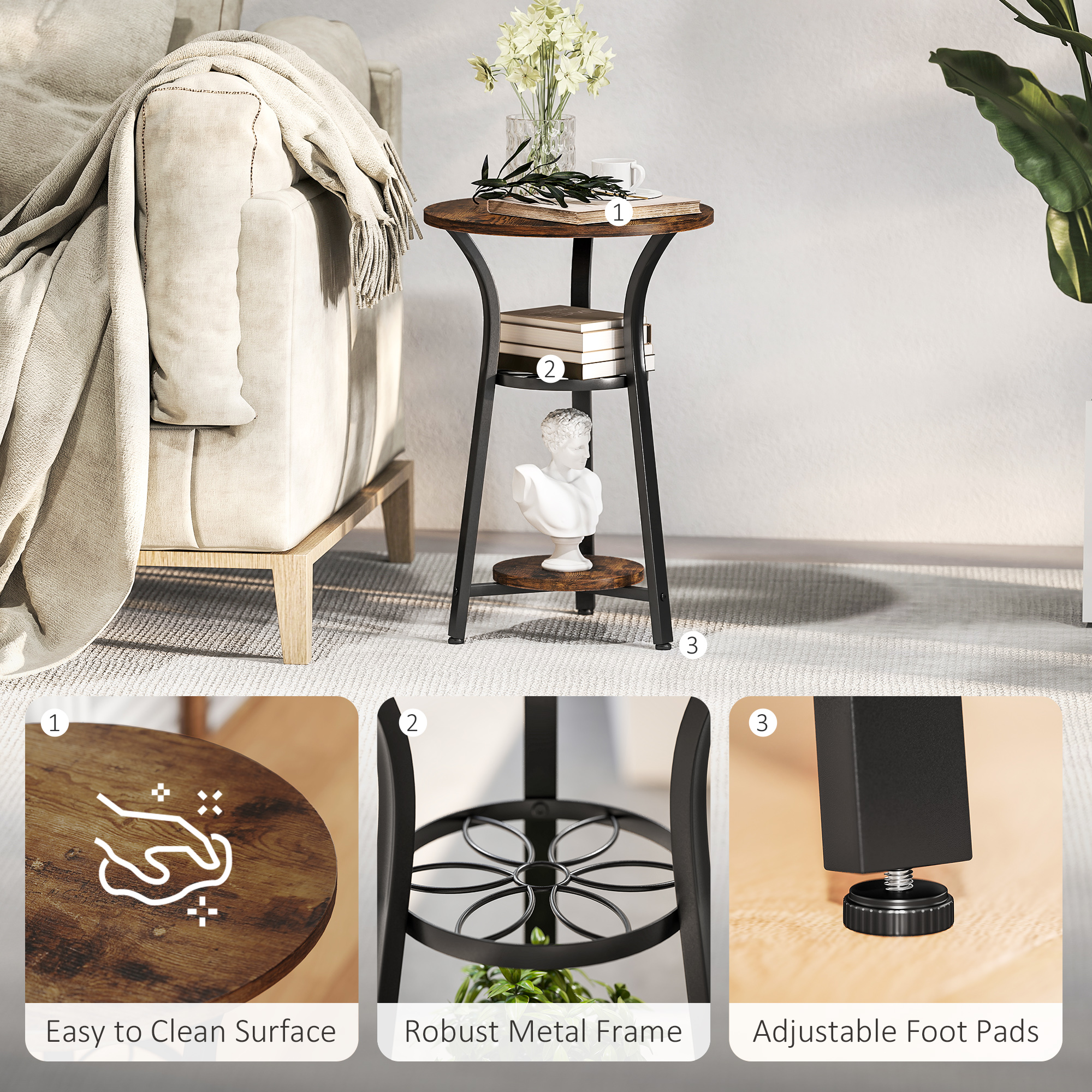 Small Round Side Table With 3 Storage Shelves-Rustic Brown — image 3
