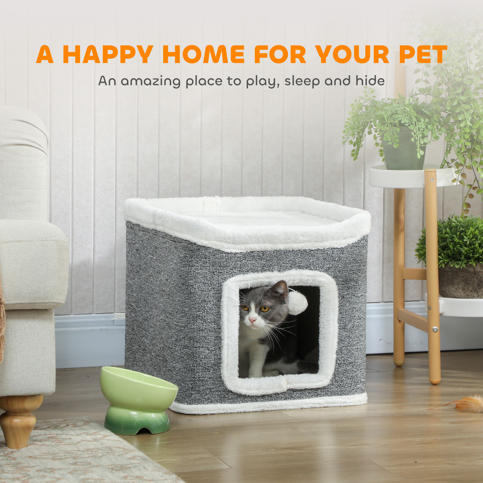 Cat House For Indoor Kittens,2-Level Cat Cave Bed With Fluffy Balls,Top Bed,Kitten Barrel For Multi Kitties,Grey detail photo 7