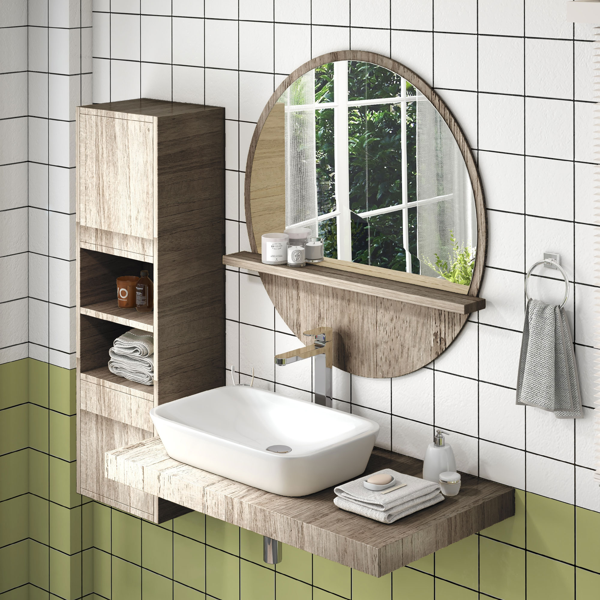 45cm Round Home Mirror,with Shelf-Grey Wood-Effect — image 3