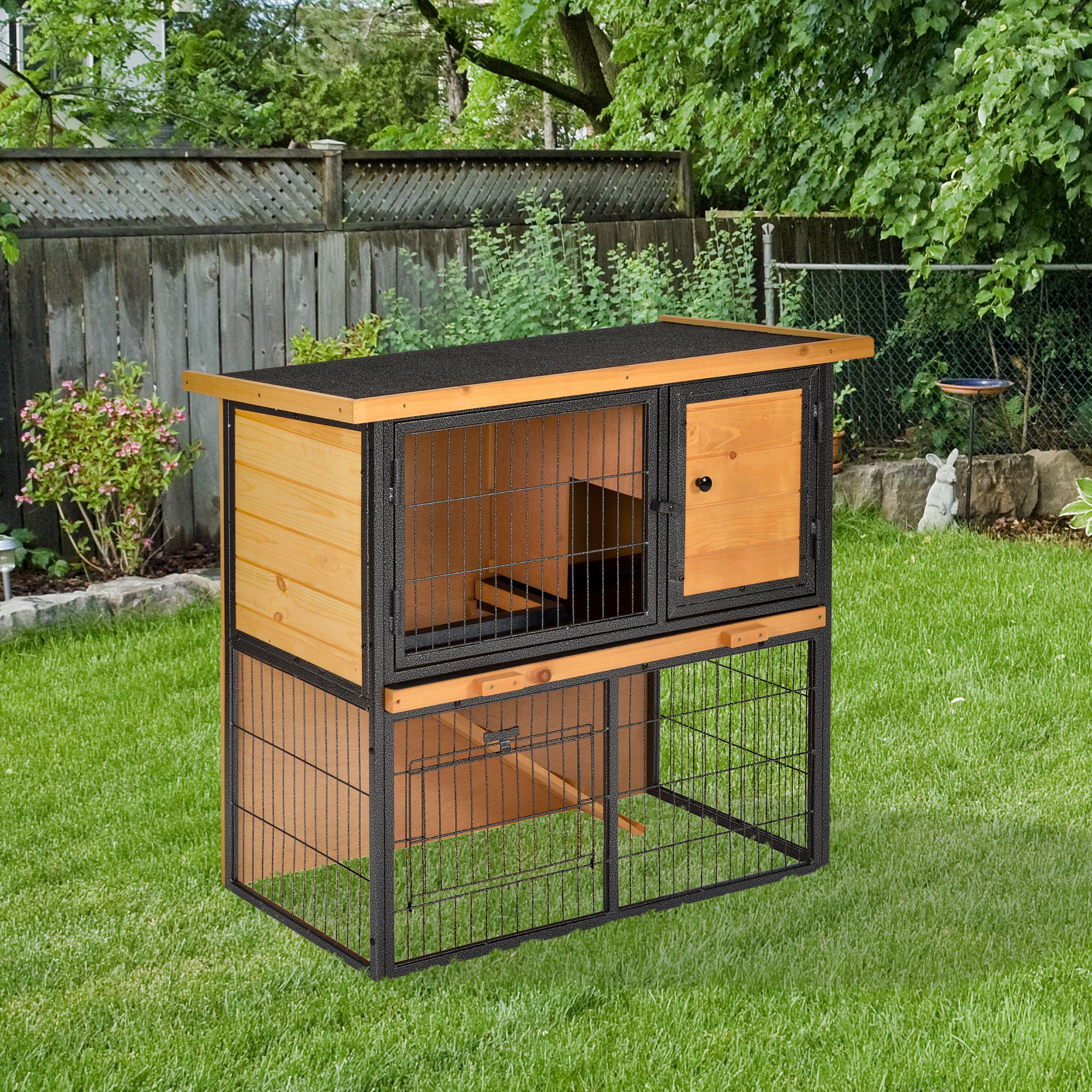 Guinea Pig Hutch Rabbit Hutch Wood-metal Elevated Pet House Bunny Cage With No-Leak Tray Ramp Openable Roof Outdoor 89.5 X 45 X 81cm Light Yellow detail photo 9