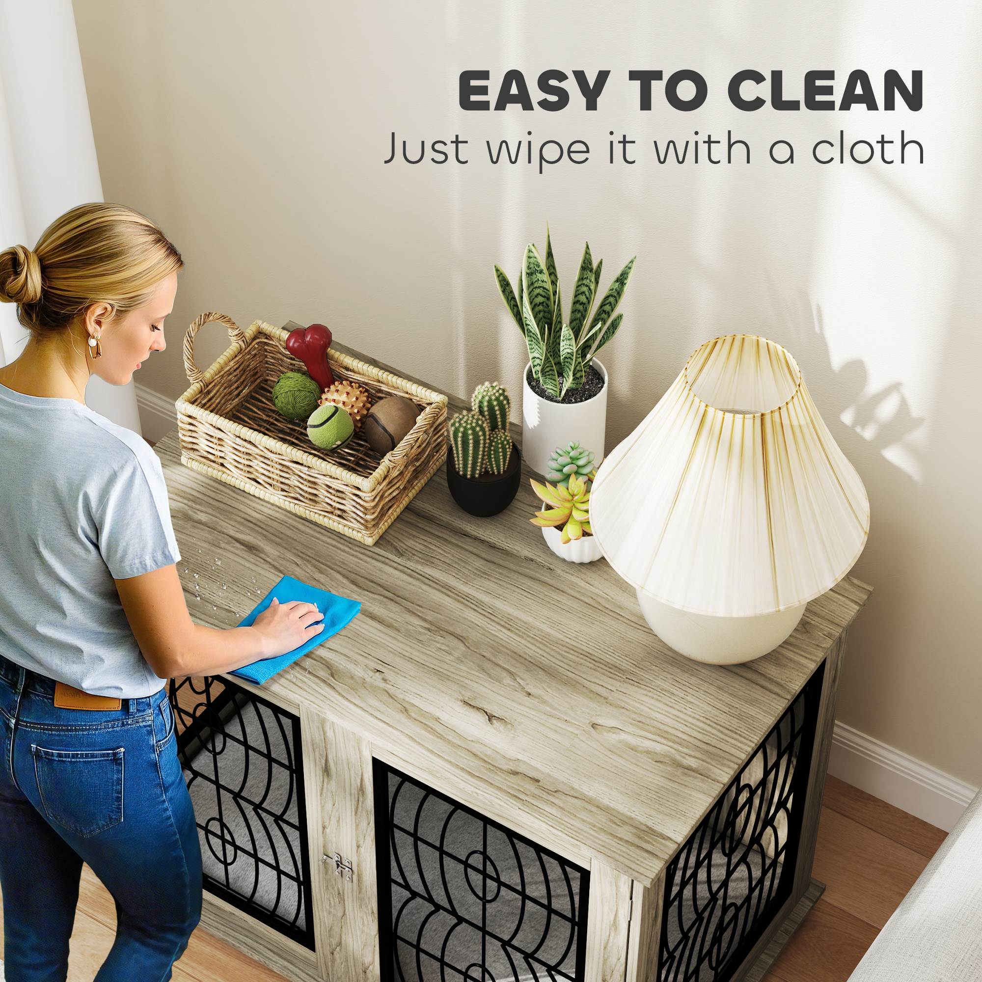 Indoor Dog Crate Furniture End Table With Soft Washable Cushion,Lockable Front — image 3