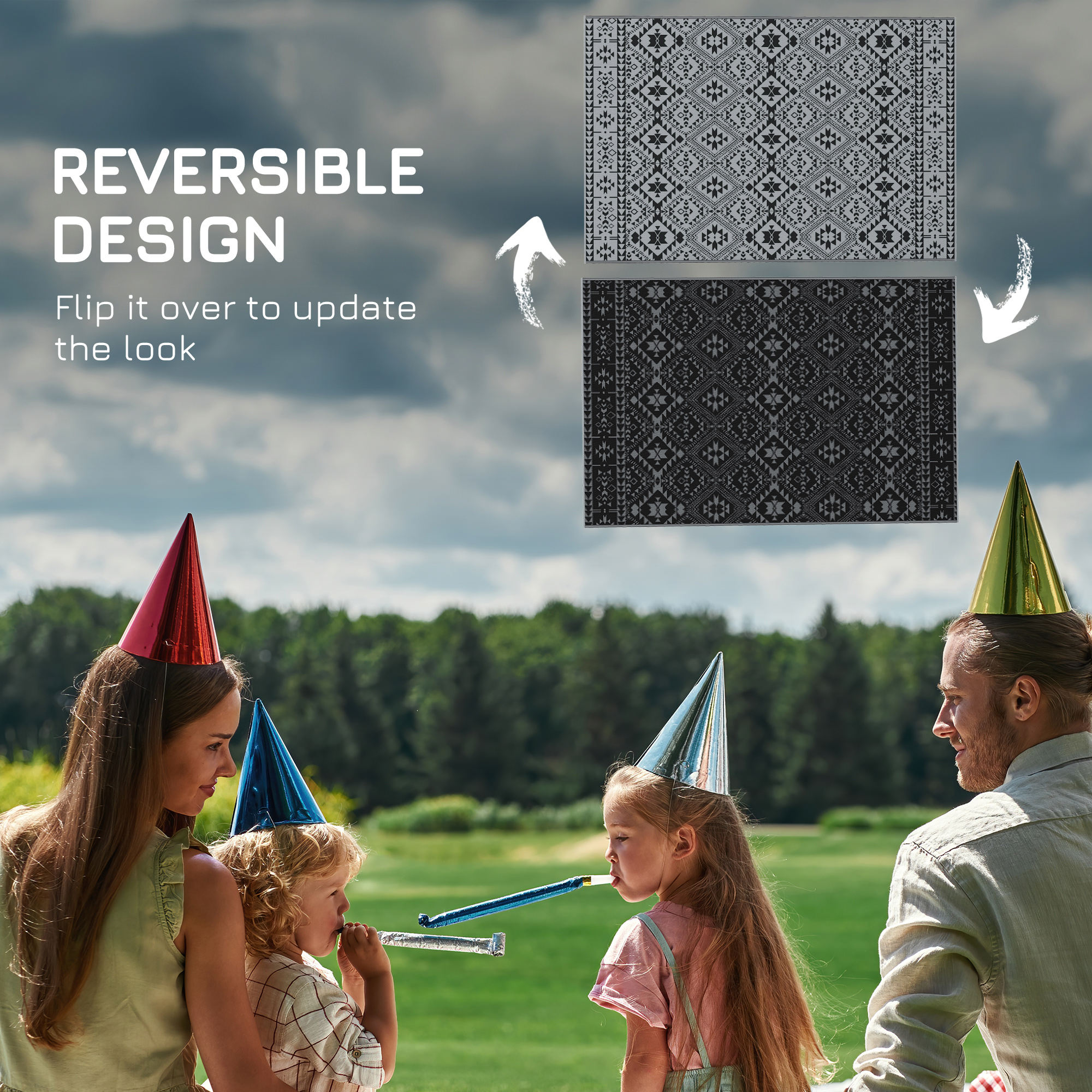 182 X 274cm Reversible Patterned Outdoor Rug,with Bag-Black/Grey