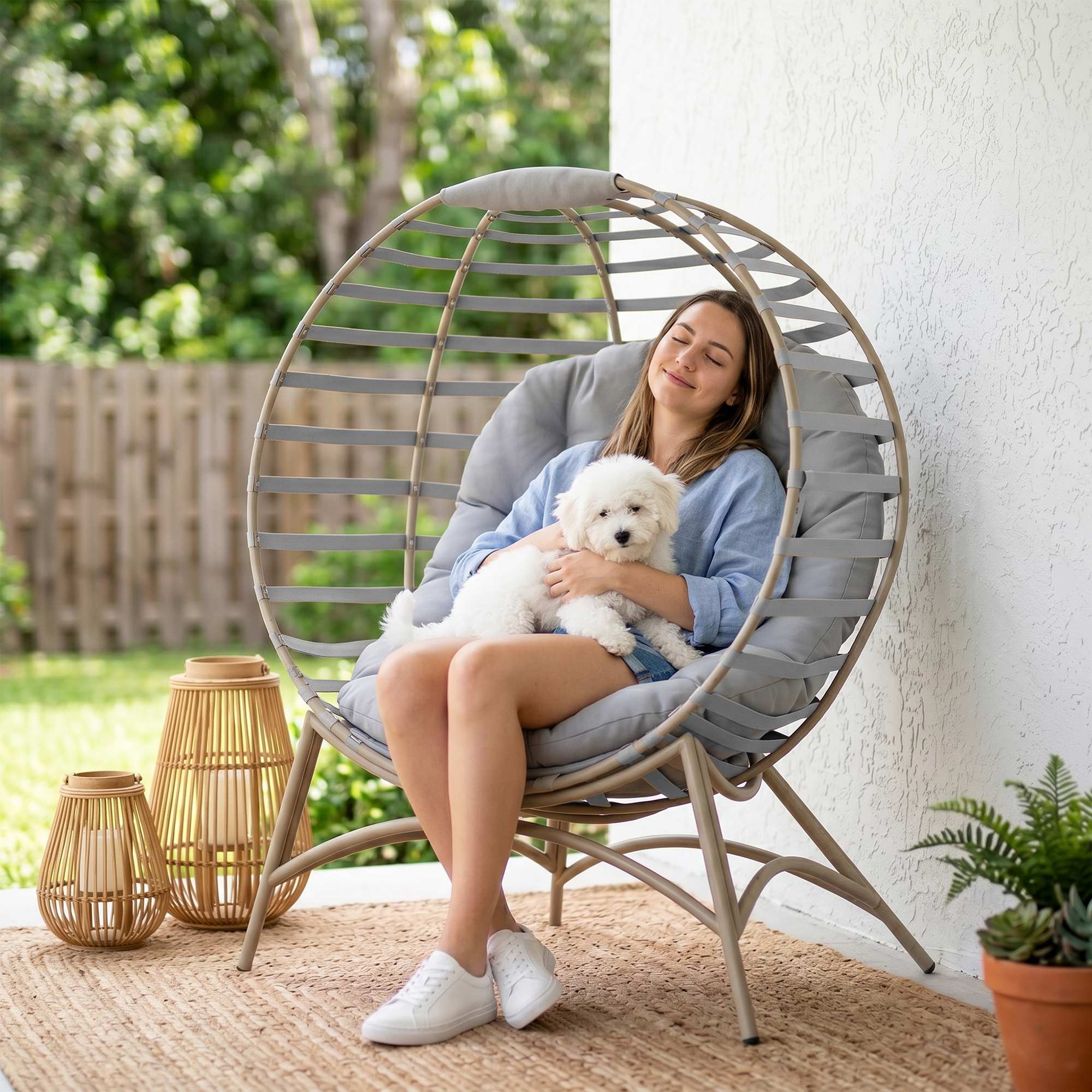 Egg Shaped Chair With Seat Cushion And Side Pockets - Light Gray — image 4