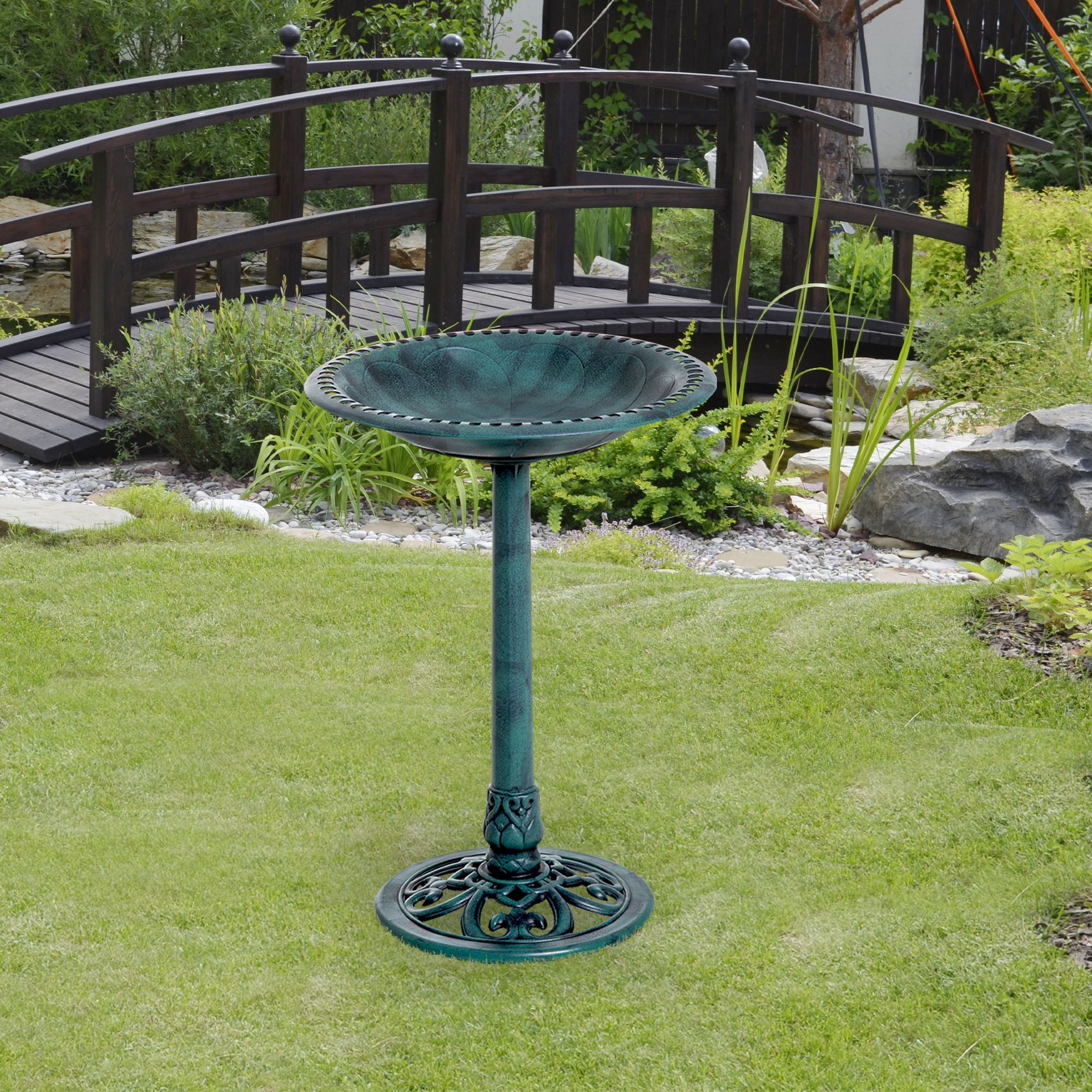 Garden Bird Bath Outdoor Decrative Garden Feeder Stand With Scallop-like Pattern,Time-Worn Finish,50cm,Green detail photo 9