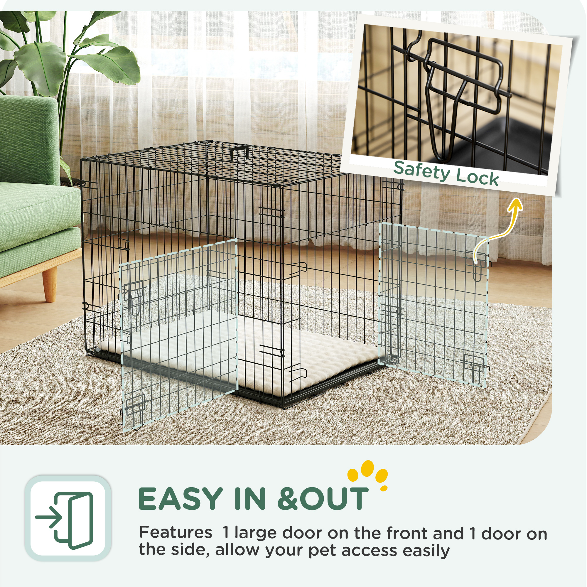 Foldable Dog Crate With 2 Doors With Tray,Soft Cushion,for Small Dogs,75 X 49 X 53 Cm,Black detail photo 6