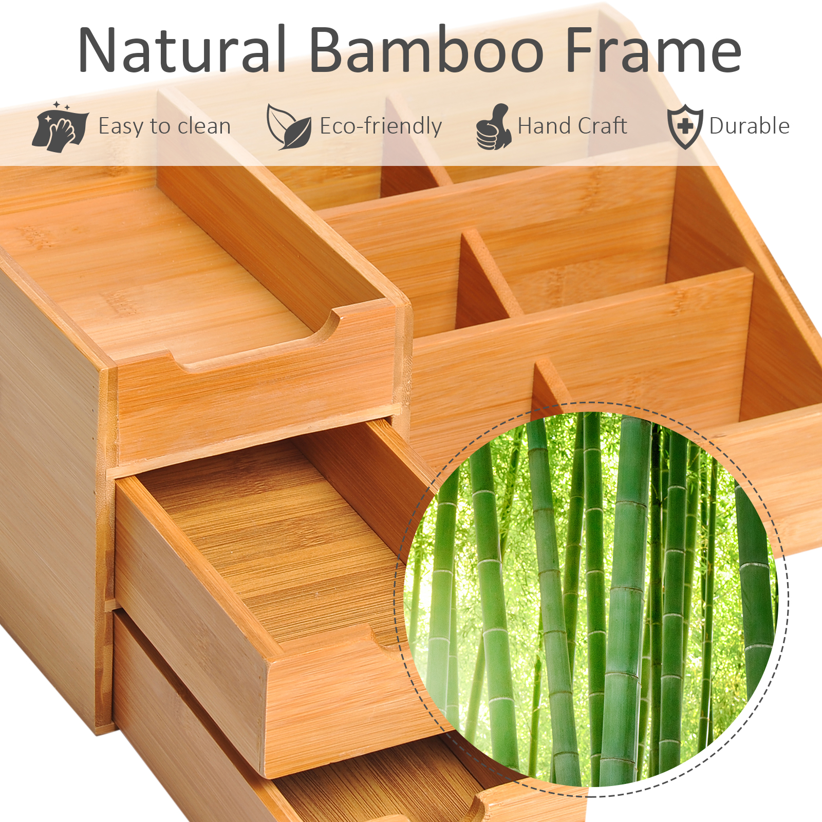 Desk Organiser Holder,Bamboo Storage Caddy With 7 Compartments And 2 Drawers — image 4