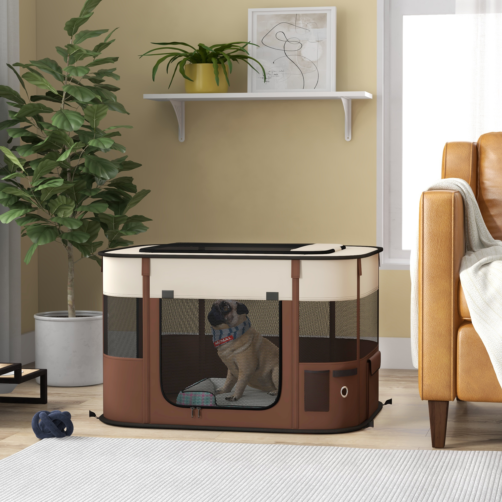 Foldable Dog Pen With Storage Bag For Indoor/Outdoor Use,Portable Pet Playpen,with Ground Stakes-Brown detail photo 7