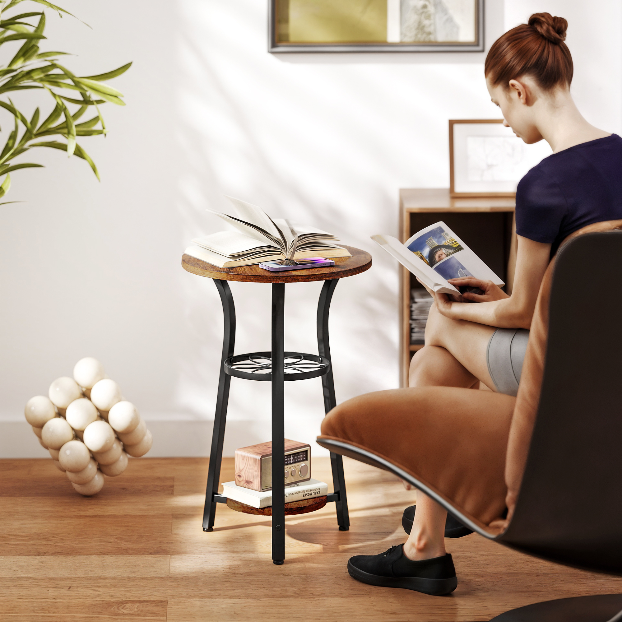 Small Round Side Table With 3 Storage Shelves-Rustic Brown — image 4