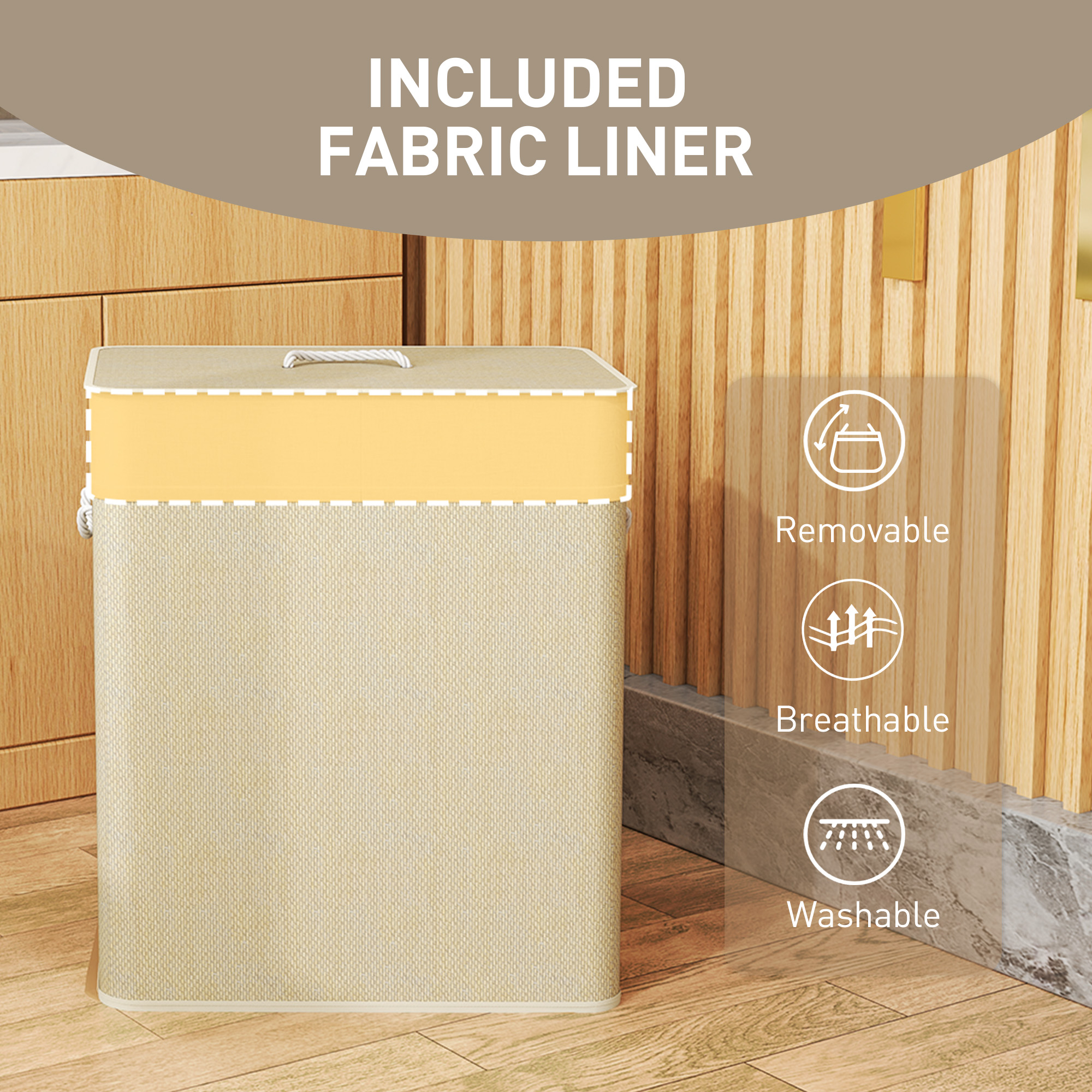 Double Laundry Basket With Lid,100L Bamboo Hamper Rope Handles,Washing — image 2