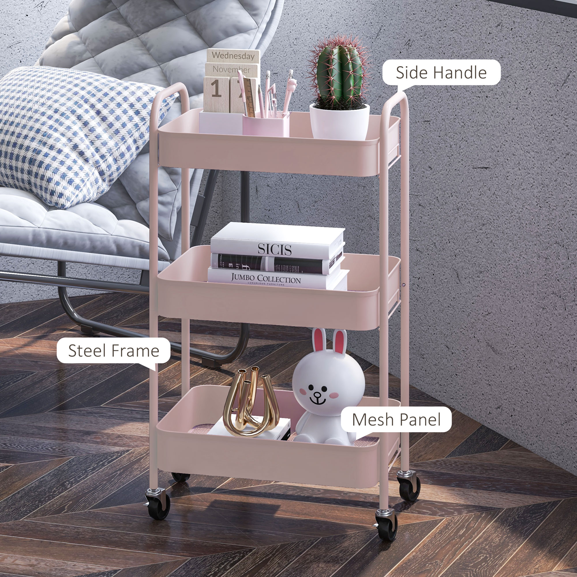 Three-Tier Steel Storage Trolley-Pink — image 5