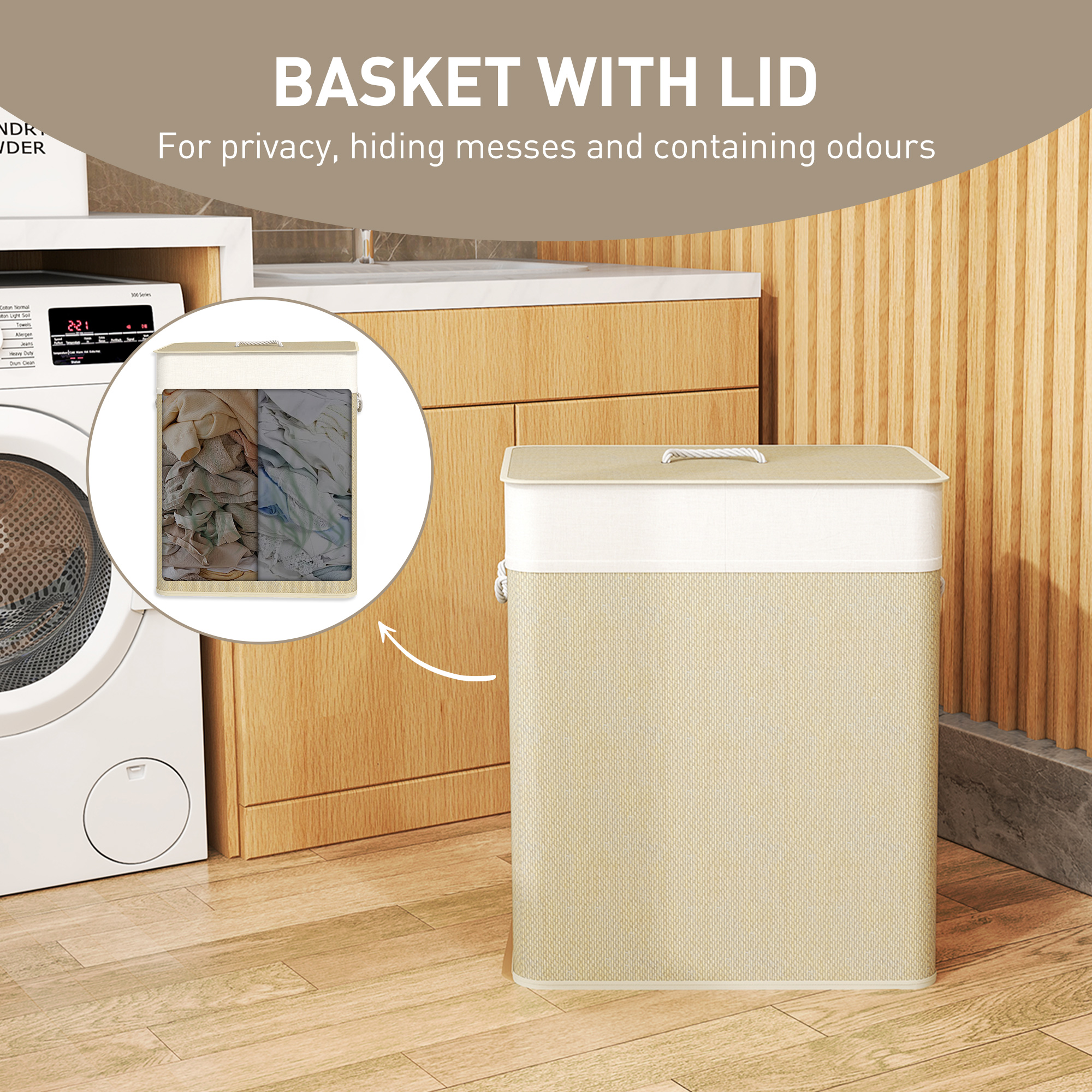 Double Laundry Basket With Lid,100L Bamboo Hamper Rope Handles,Washing — image 5
