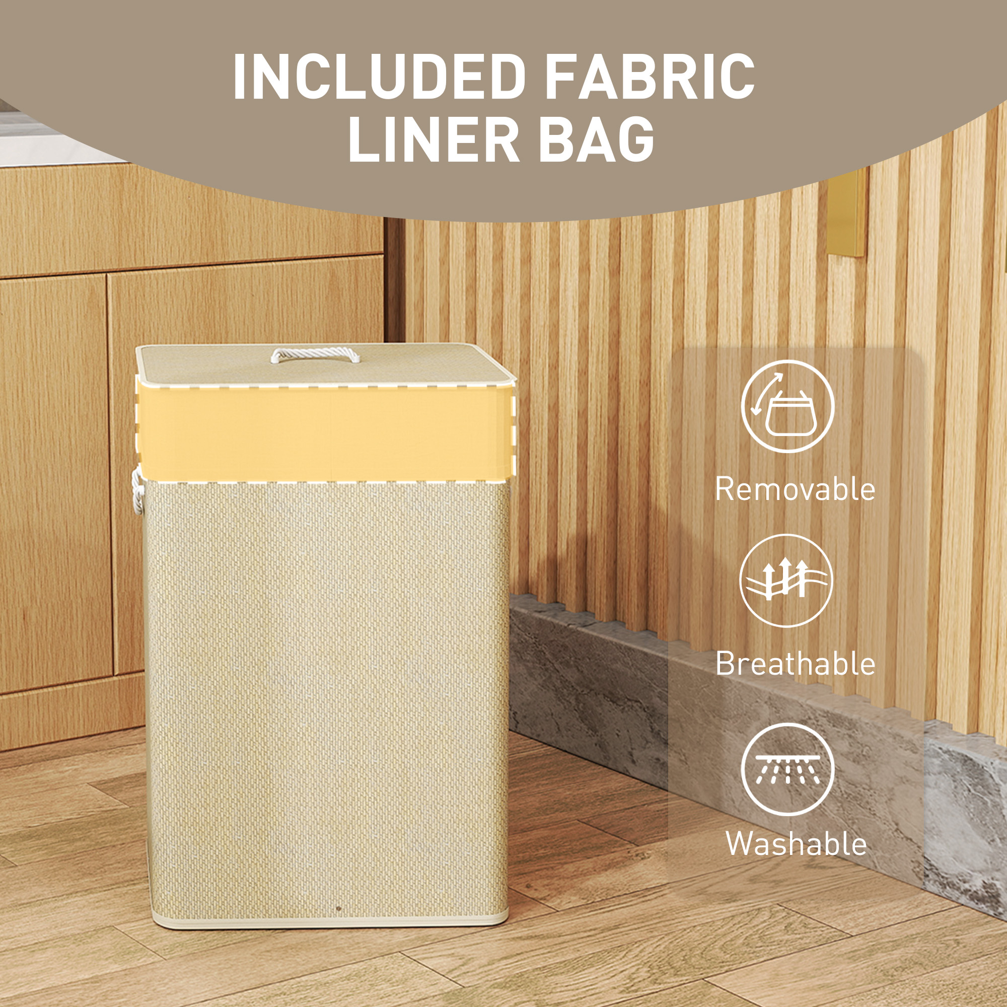 Bamboo Laundry Basket With Lid,72L Hamper Rope Handles,Washing Removable — image 5